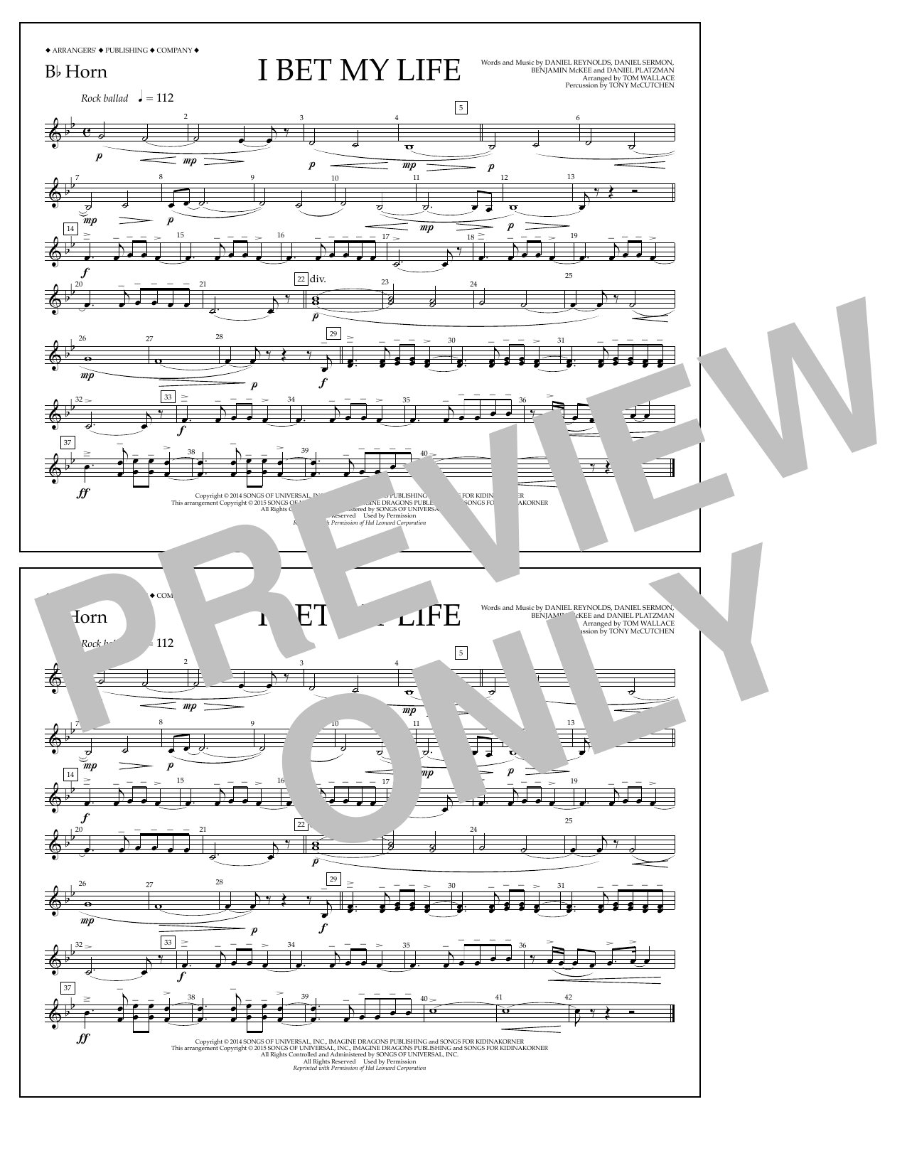 Tom Wallace I Bet My Life - Bb Horn sheet music notes and chords arranged for Marching Band