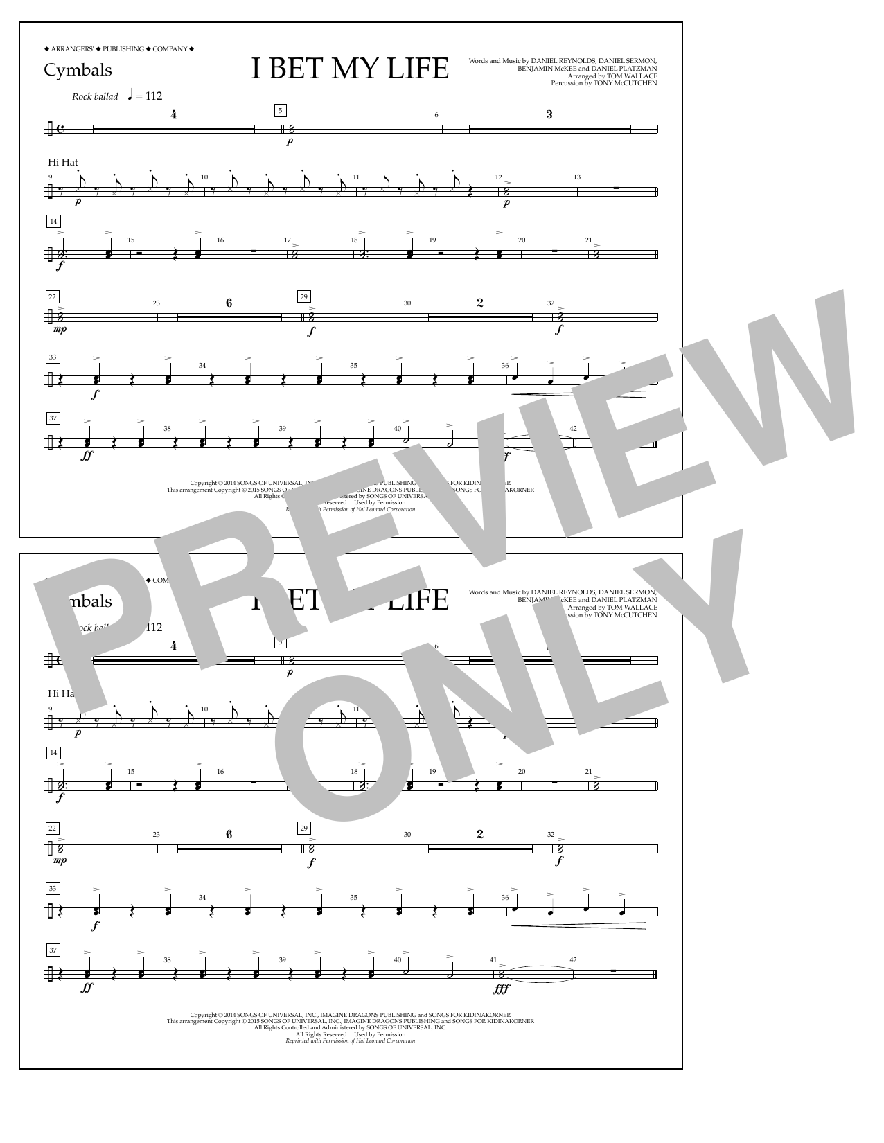 Tom Wallace I Bet My Life - Cymbals sheet music notes and chords arranged for Marching Band