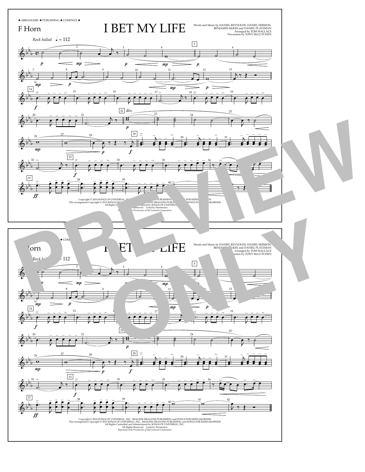 Tom Wallace I Bet My Life - F Horn sheet music notes and chords arranged for Marching Band