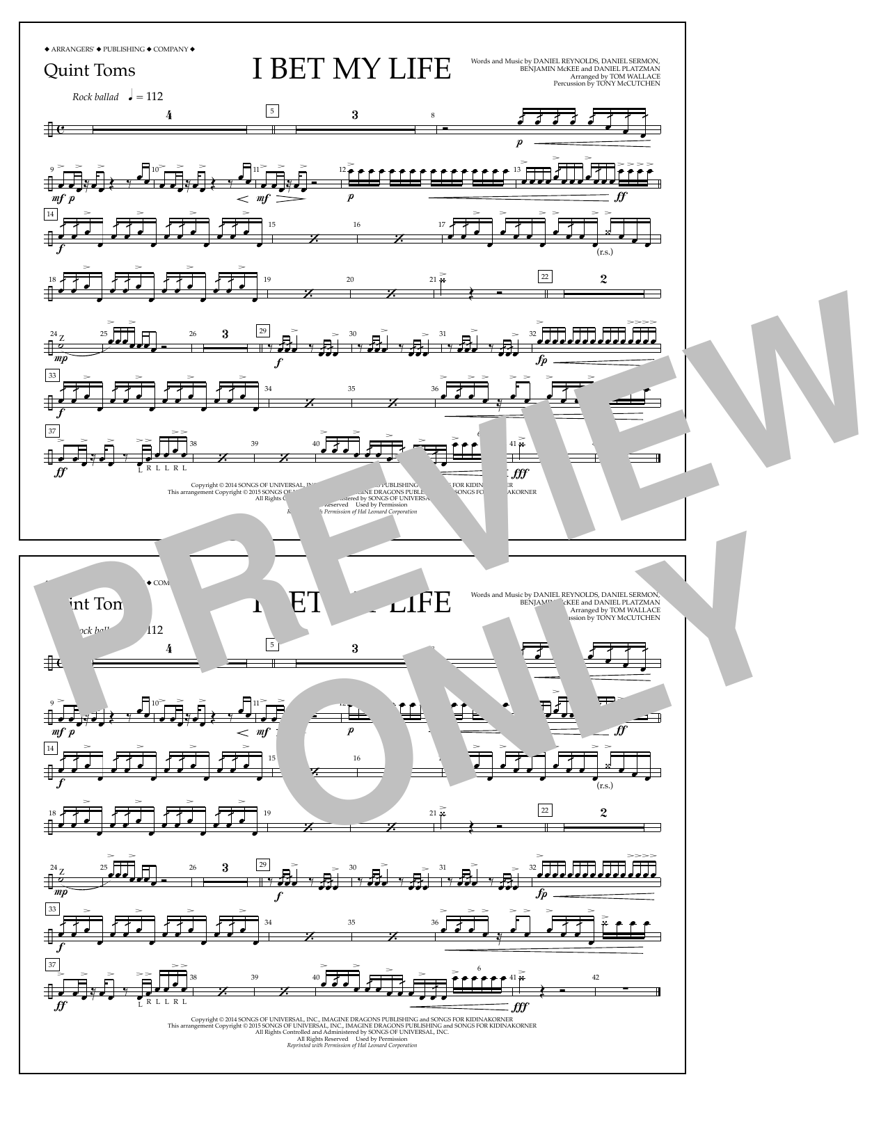 Tom Wallace I Bet My Life - Quint-Toms sheet music notes and chords arranged for Marching Band