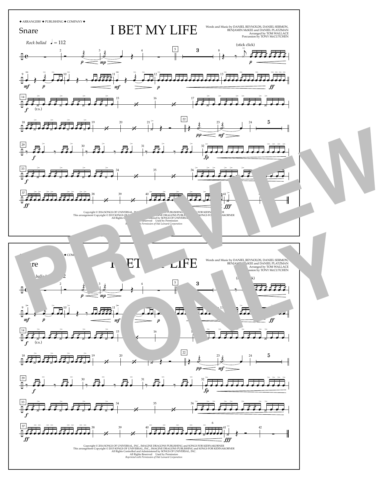 Tom Wallace I Bet My Life - Snare sheet music notes and chords arranged for Marching Band