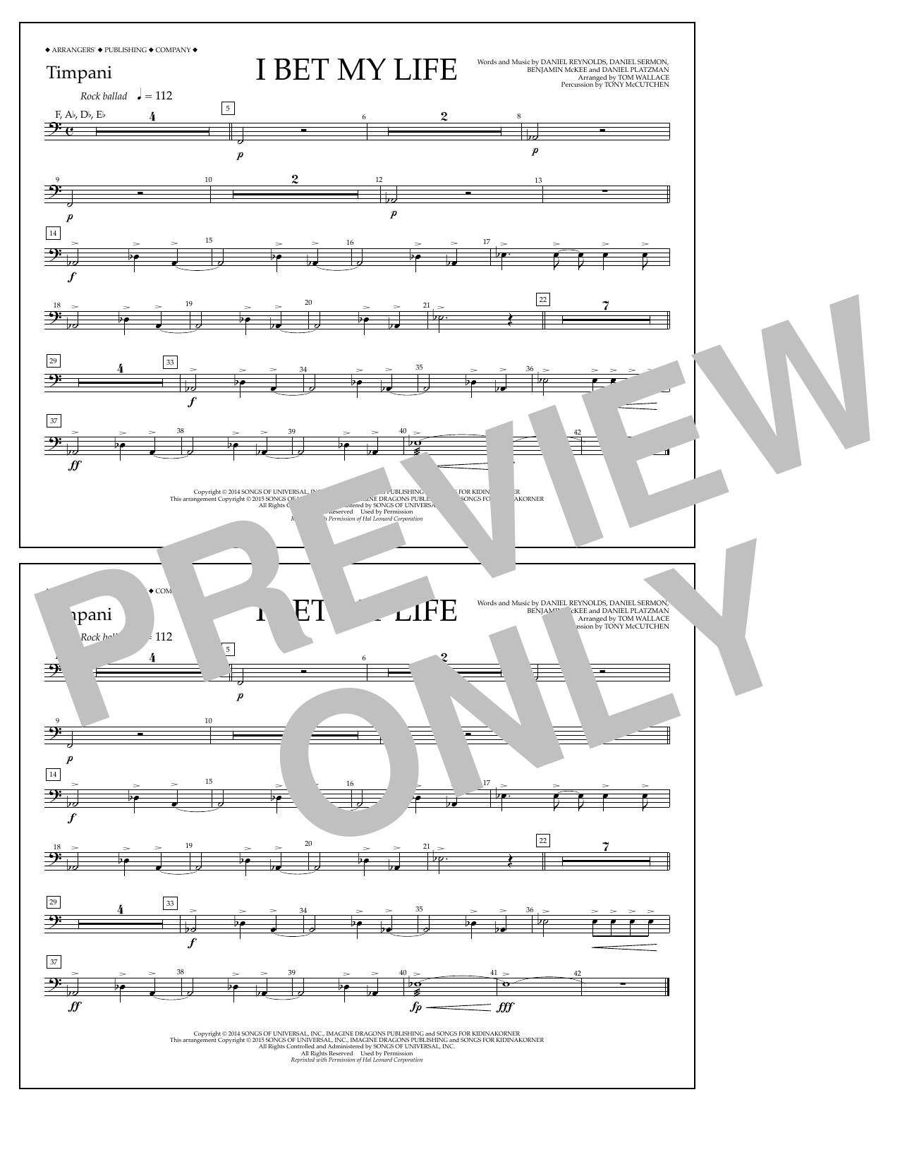 Tom Wallace I Bet My Life - Timpani sheet music notes and chords arranged for Marching Band