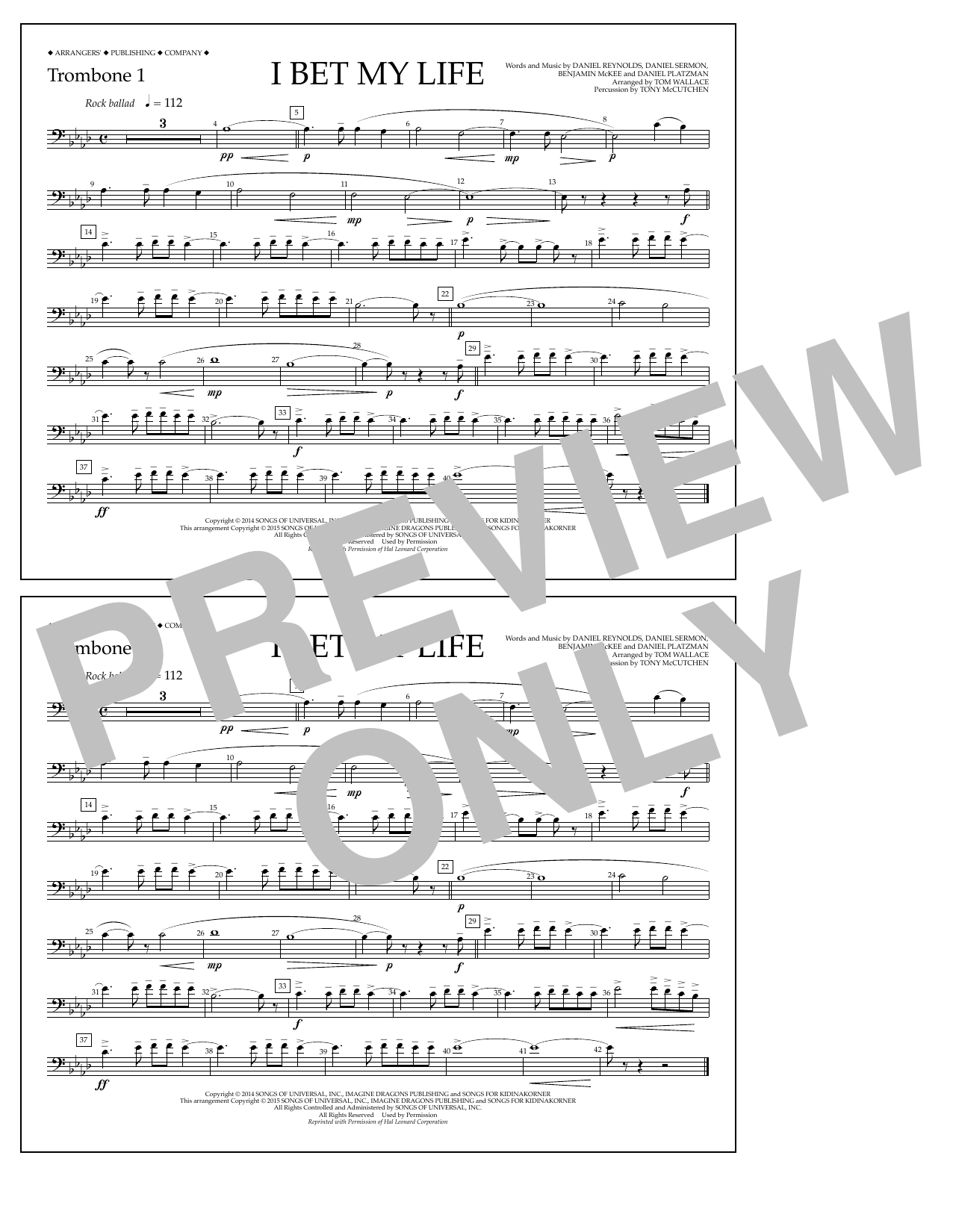 Tom Wallace I Bet My Life - Trombone 1 sheet music notes and chords arranged for Marching Band