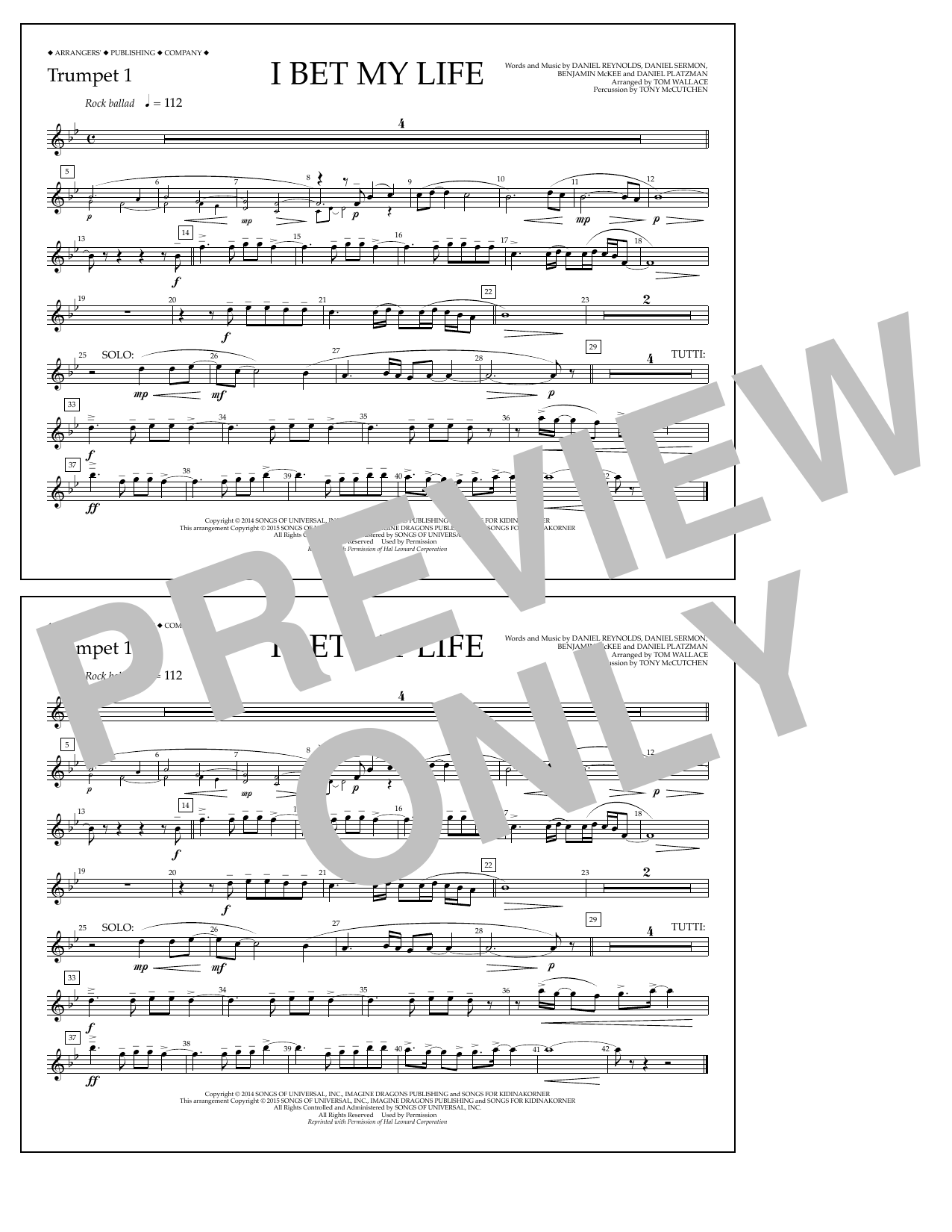 Tom Wallace I Bet My Life - Trumpet 1 sheet music notes and chords arranged for Marching Band