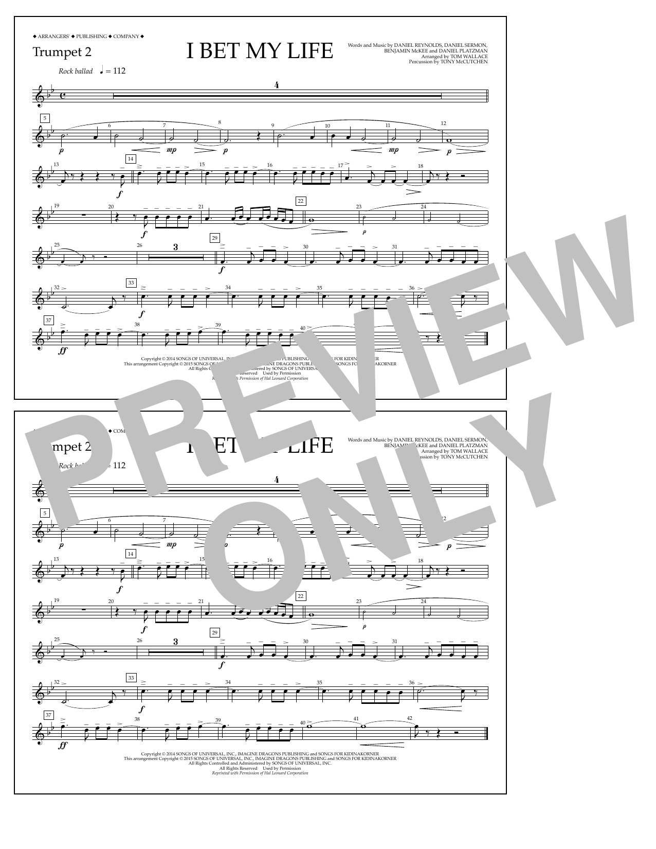 Tom Wallace I Bet My Life - Trumpet 2 sheet music notes and chords arranged for Marching Band