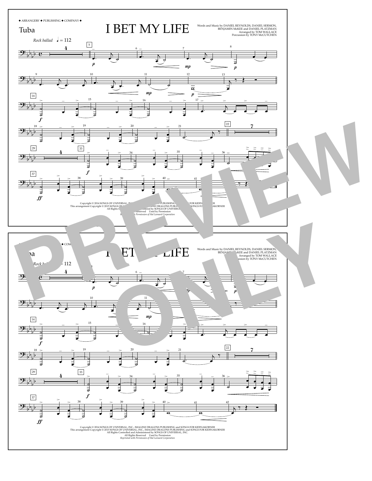 Tom Wallace I Bet My Life - Tuba sheet music notes and chords arranged for Marching Band