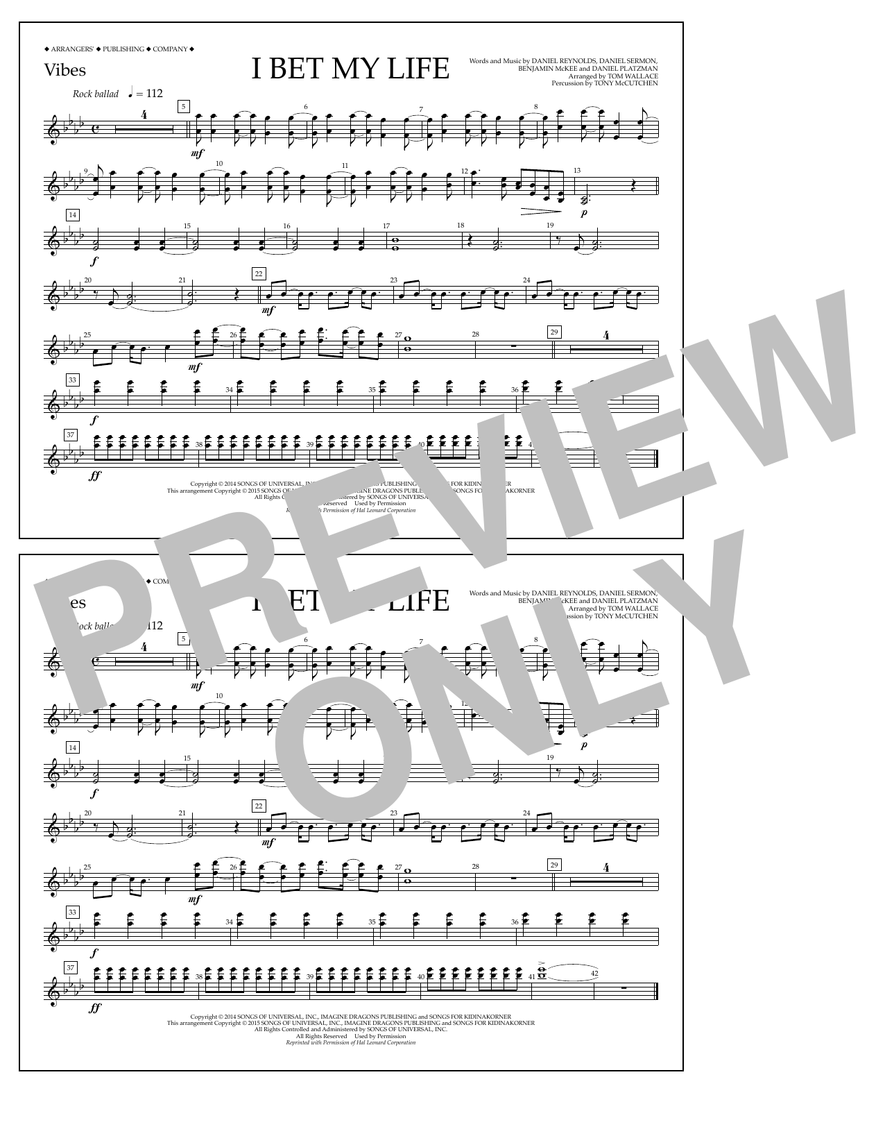 Tom Wallace I Bet My Life - Vibes sheet music notes and chords arranged for Marching Band