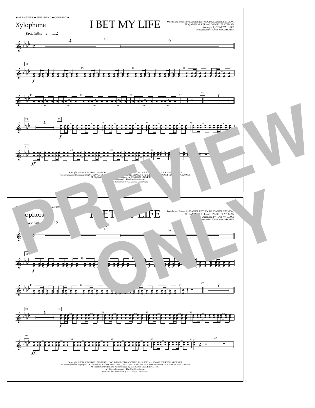 Tom Wallace I Bet My Life - Xylophone sheet music notes and chords arranged for Marching Band