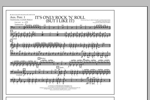 Tom Wallace It's Only Rock 'n' Roll (But I Like It) - Aux. Perc. 1 sheet music notes and chords arranged for Marching Band