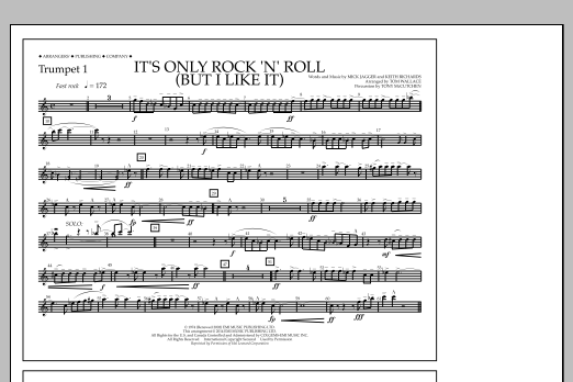 Tom Wallace It's Only Rock 'n' Roll (But I Like It) - Trumpet 1 sheet music notes and chords arranged for Marching Band