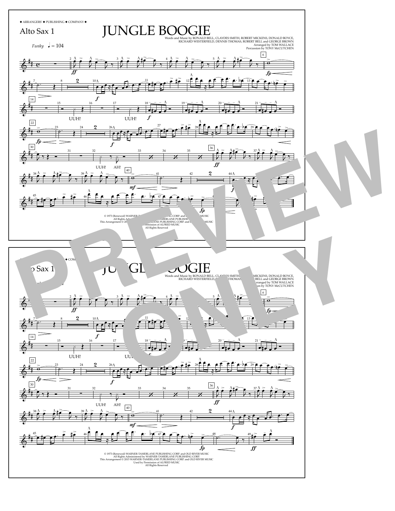 Tom Wallace Jungle Boogie - Alto Sax 1 sheet music notes and chords arranged for Marching Band
