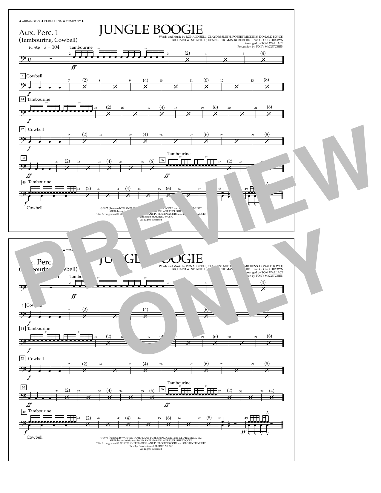 Tom Wallace Jungle Boogie - Aux. Perc. 1 sheet music notes and chords arranged for Marching Band