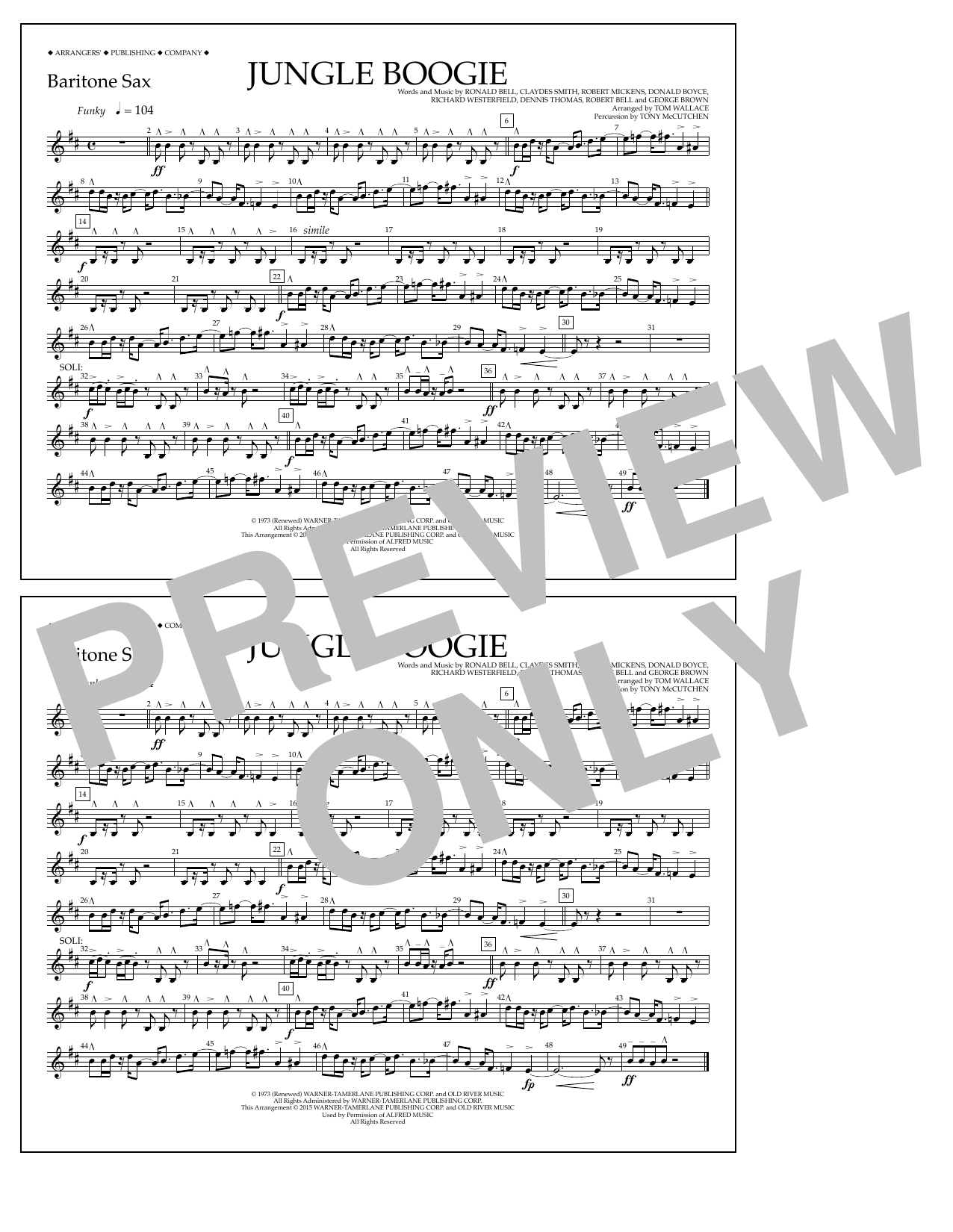 Tom Wallace Jungle Boogie - Baritone Sax sheet music notes and chords arranged for Marching Band