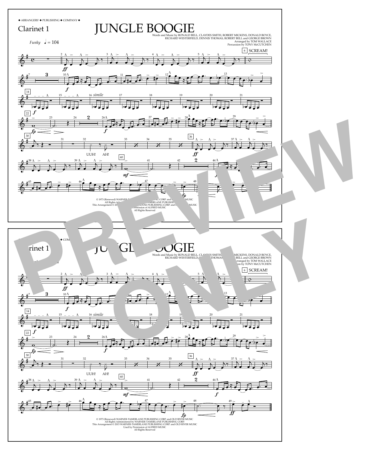 Tom Wallace Jungle Boogie - Clarinet 1 sheet music notes and chords arranged for Marching Band
