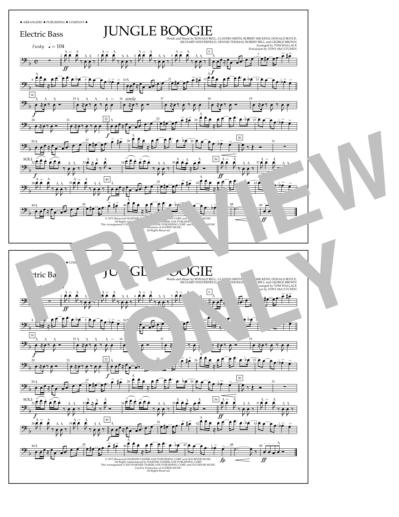 Tom Wallace Jungle Boogie - Electric Bass sheet music notes and chords arranged for Marching Band
