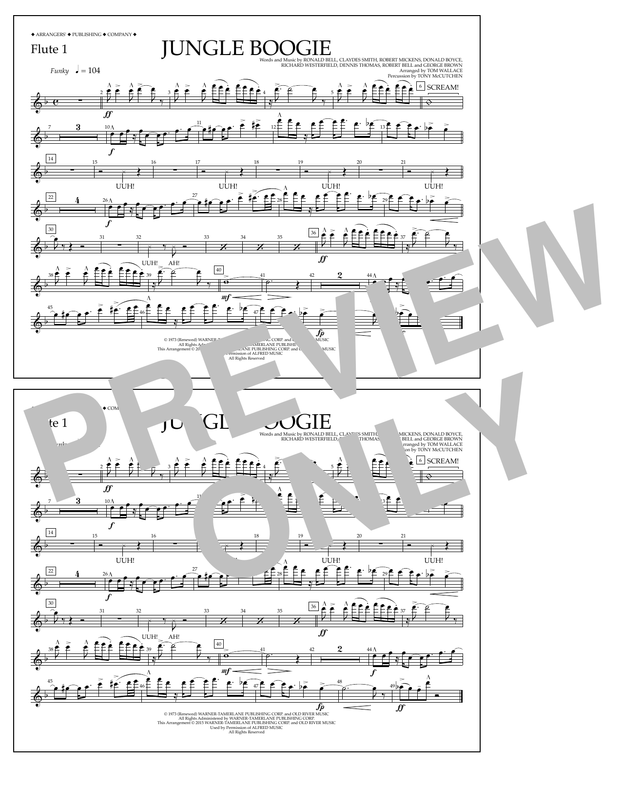 Tom Wallace Jungle Boogie - Flute 1 sheet music notes and chords arranged for Marching Band