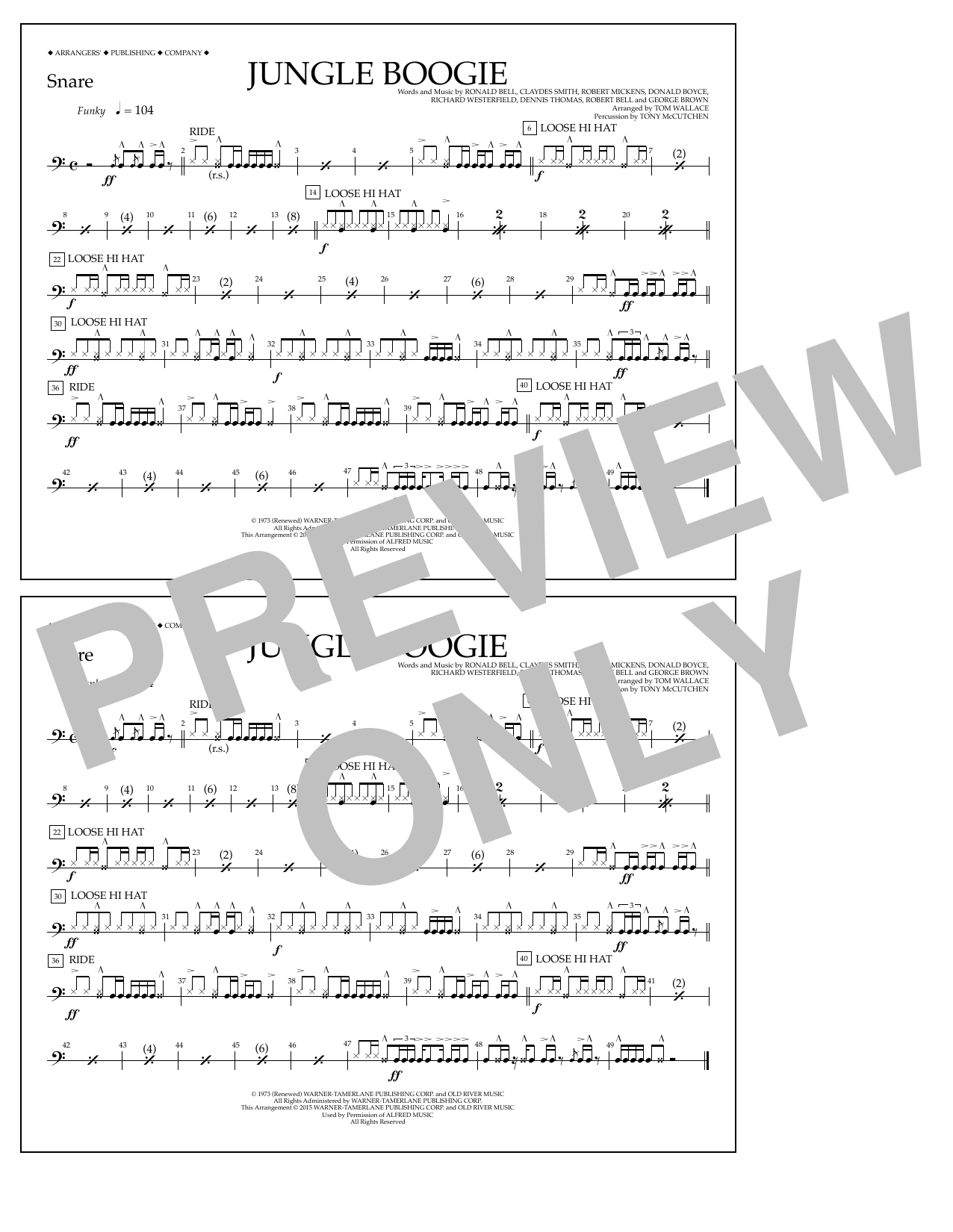 Tom Wallace Jungle Boogie - Snare sheet music notes and chords arranged for Marching Band