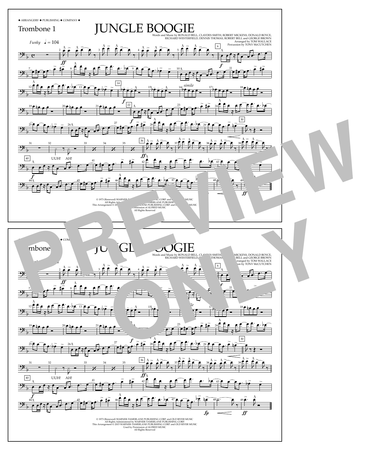 Tom Wallace Jungle Boogie - Trombone 1 sheet music notes and chords arranged for Marching Band