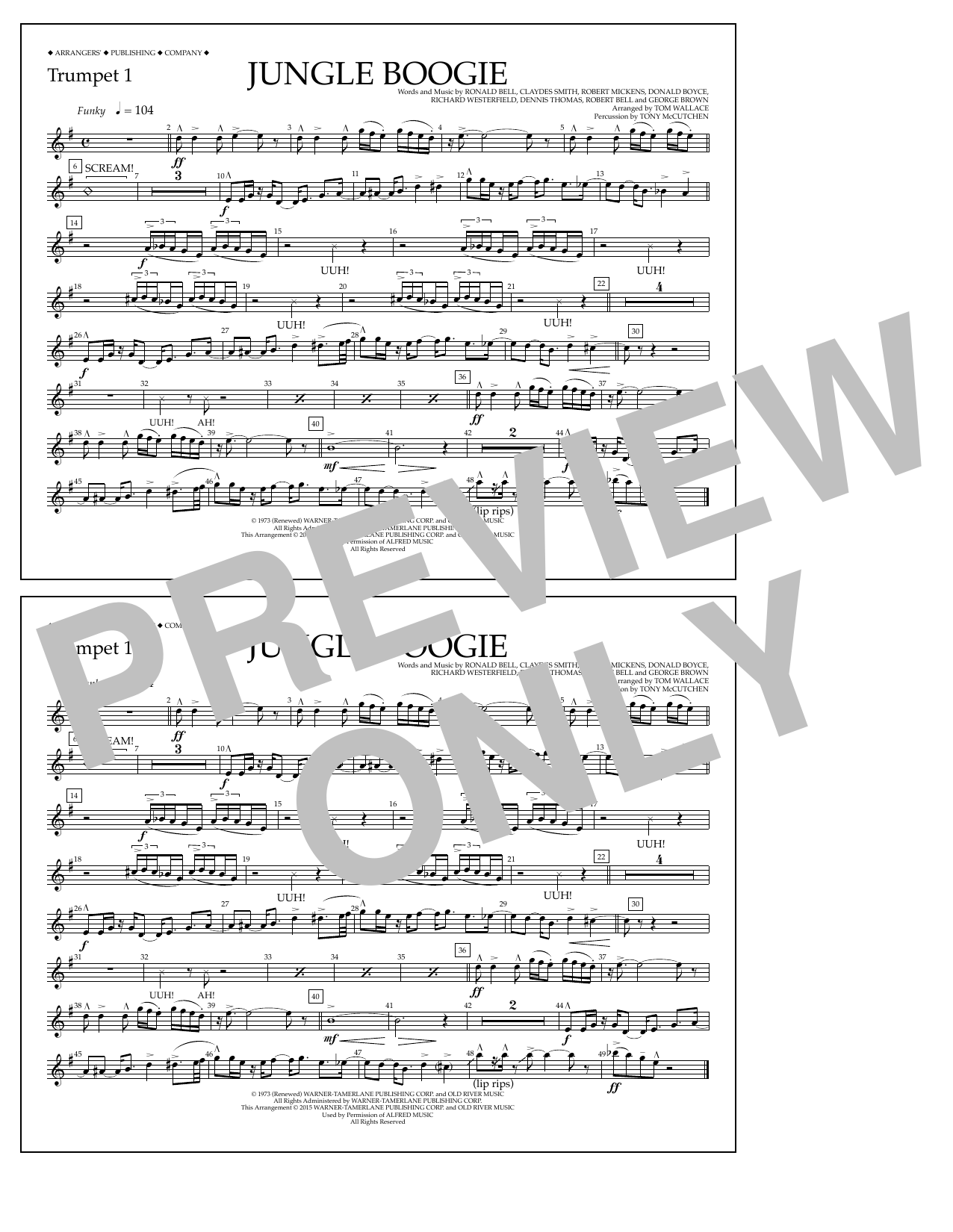 Tom Wallace Jungle Boogie - Trumpet 1 sheet music notes and chords arranged for Marching Band