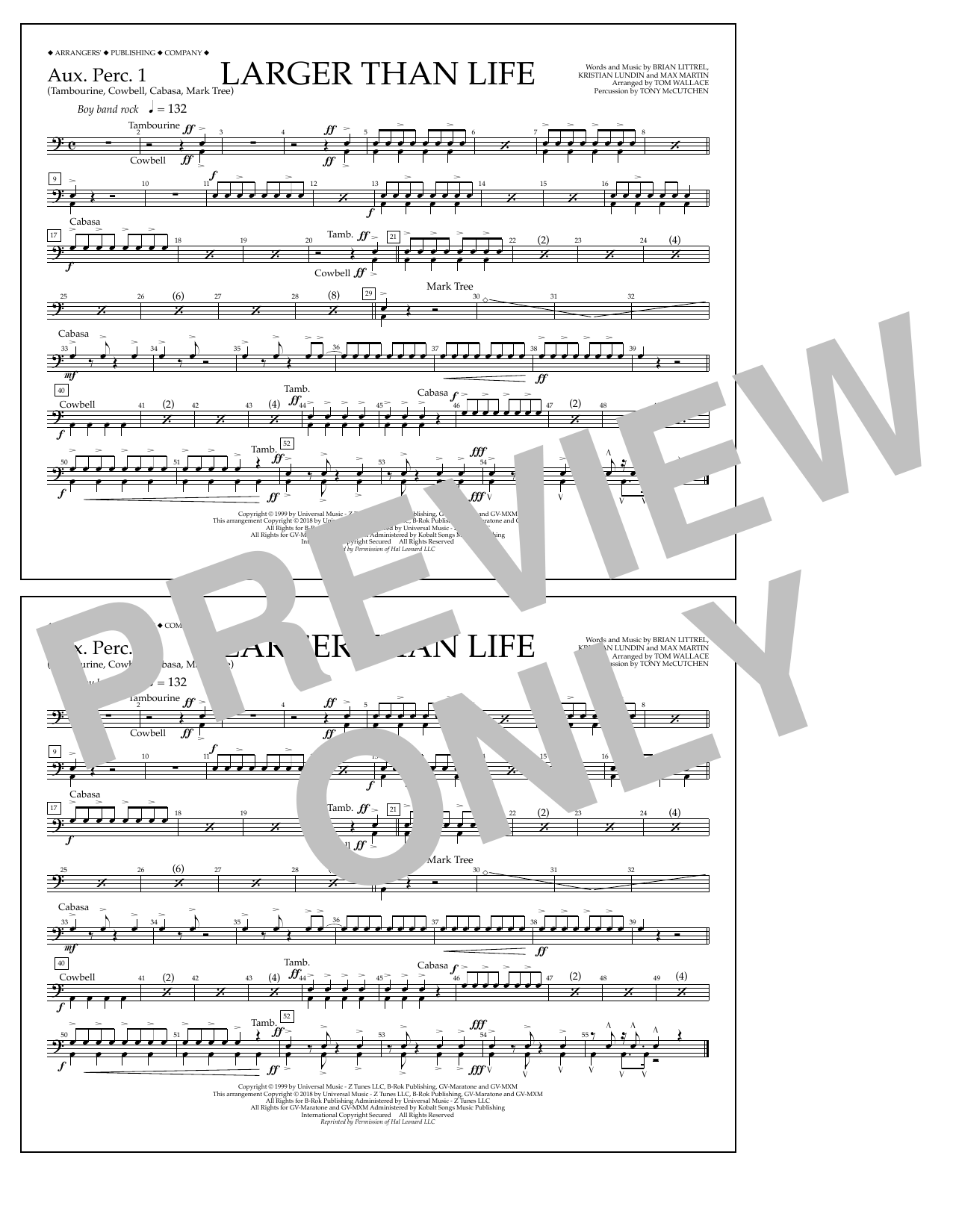 Tom Wallace Larger Than Life - Aux. Perc. 1 sheet music notes and chords arranged for Marching Band