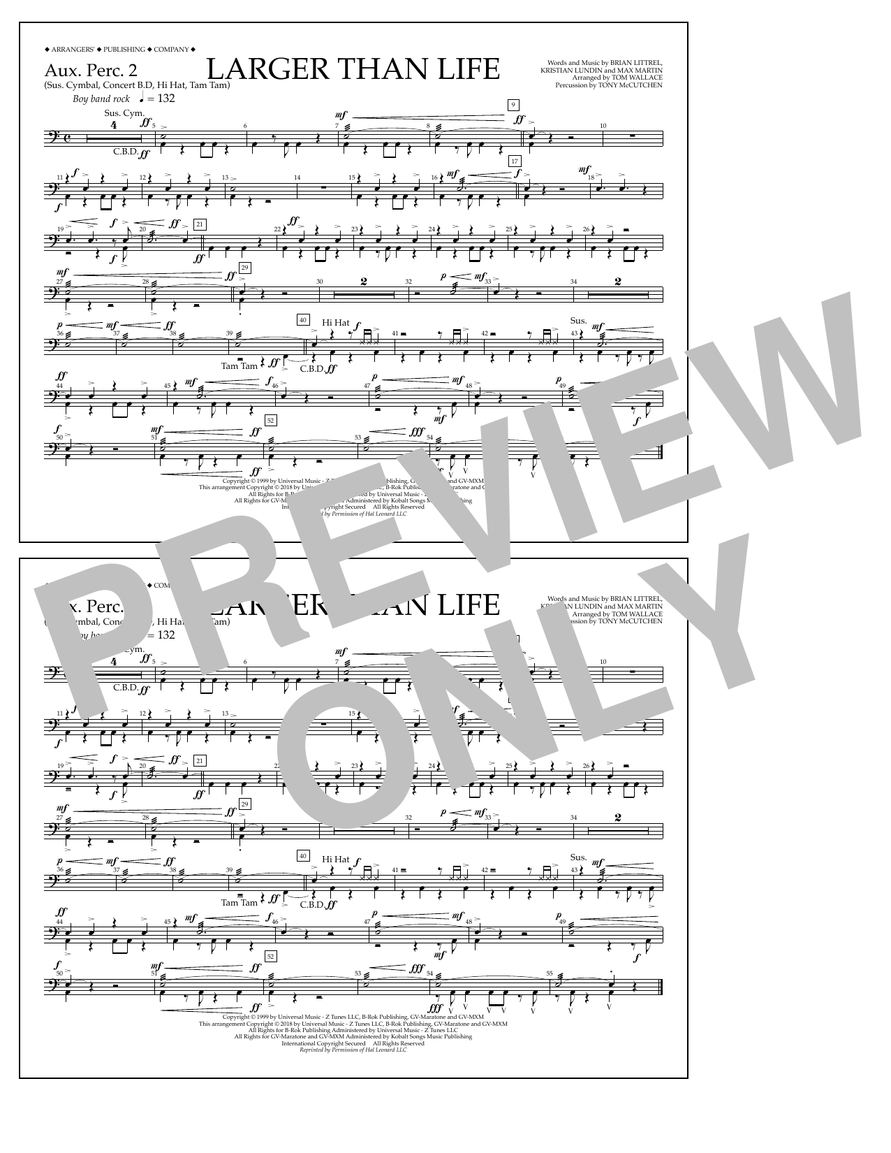 Tom Wallace Larger Than Life - Aux. Perc. 2 sheet music notes and chords arranged for Marching Band