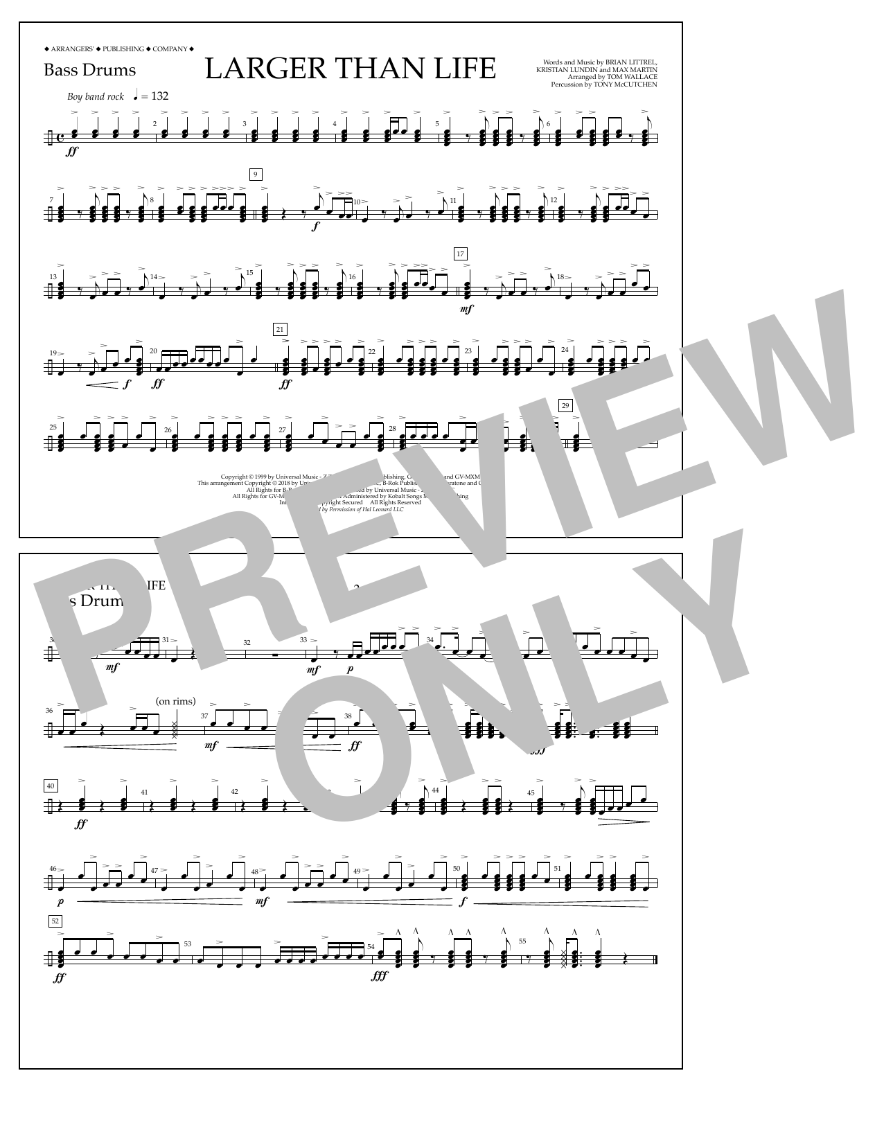 Tom Wallace Larger Than Life - Bass Drums sheet music notes and chords arranged for Marching Band