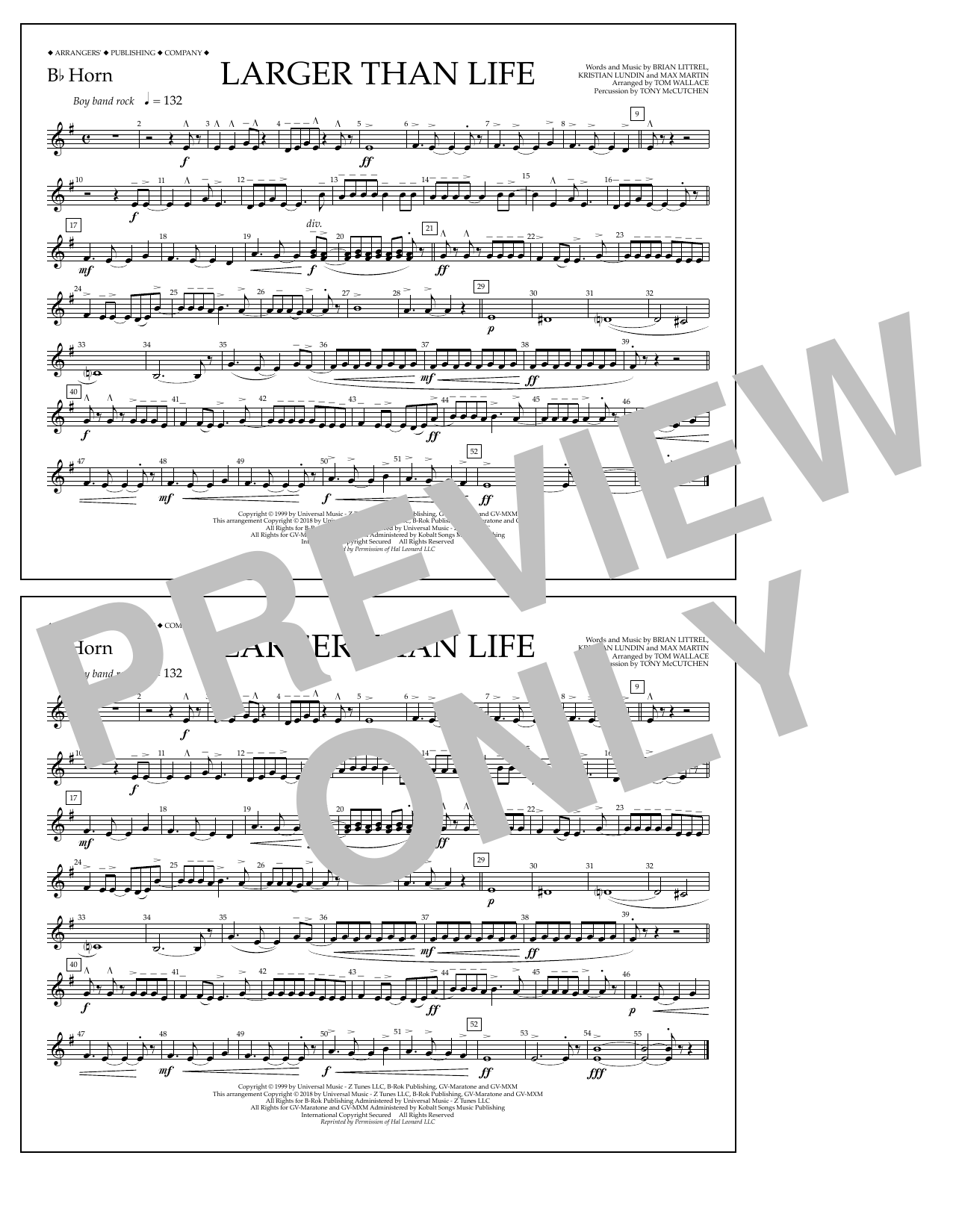 Tom Wallace Larger Than Life - Bb Horn sheet music notes and chords arranged for Marching Band