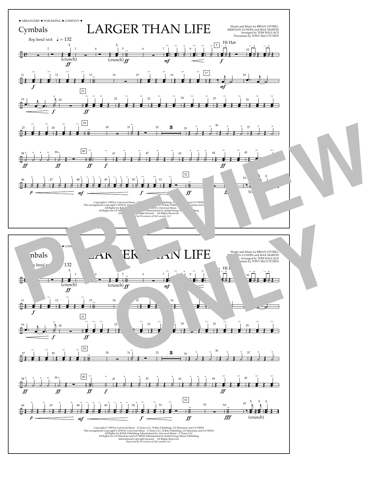 Tom Wallace Larger Than Life - Cymbals sheet music notes and chords arranged for Marching Band