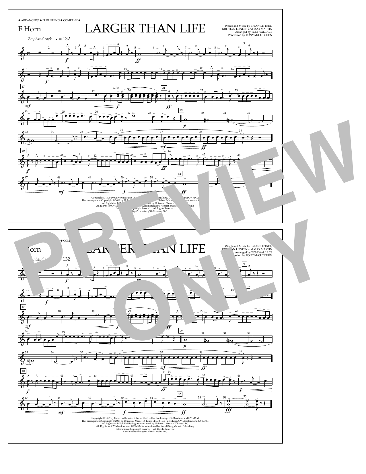 Tom Wallace Larger Than Life - F Horn sheet music notes and chords arranged for Marching Band