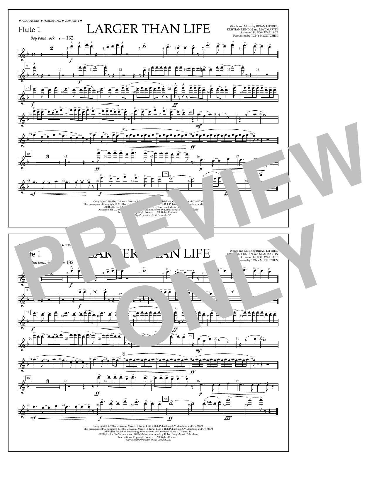 Tom Wallace Larger Than Life - Flute 1 sheet music notes and chords arranged for Marching Band