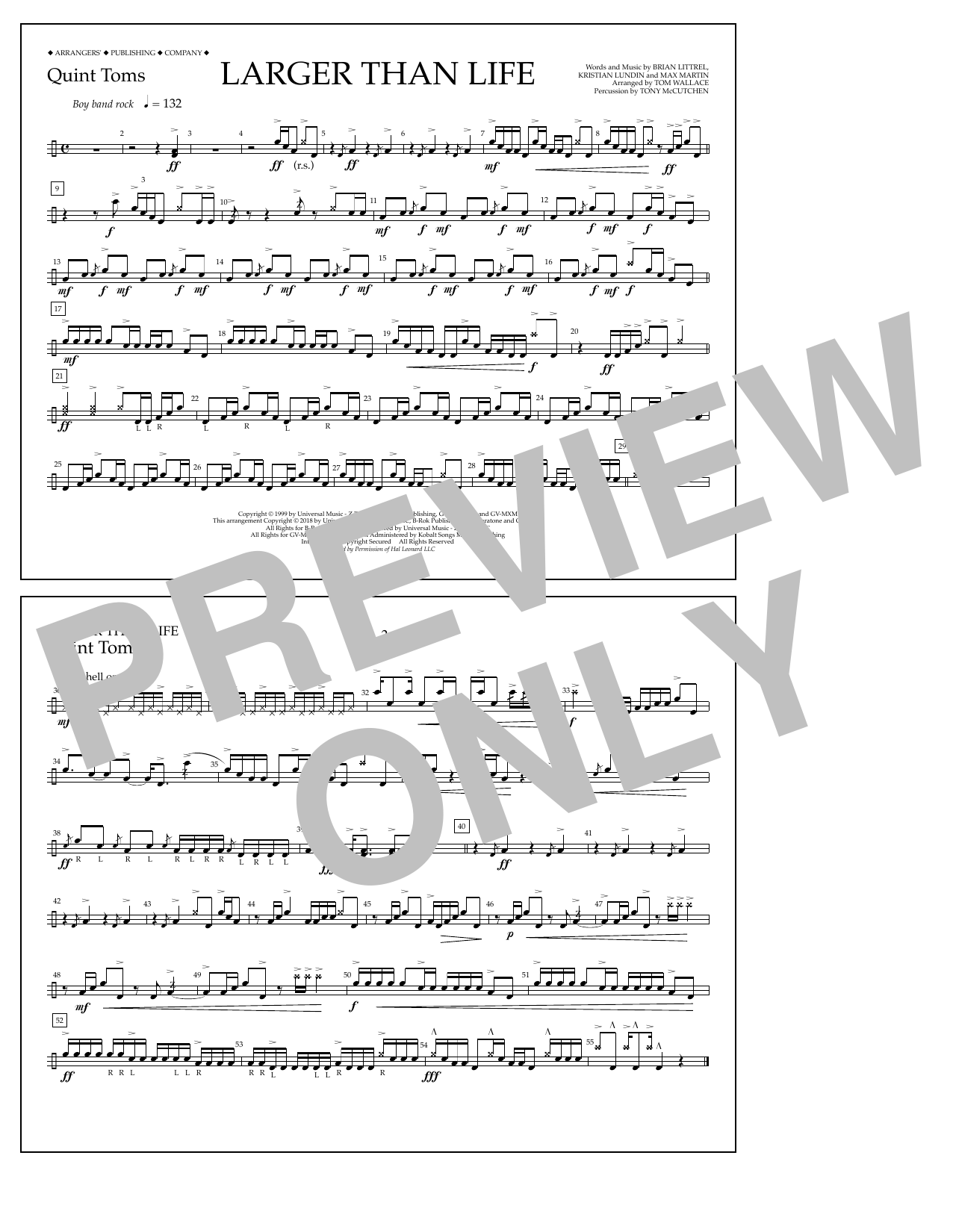 Tom Wallace Larger Than Life - Quint-Toms sheet music notes and chords arranged for Marching Band