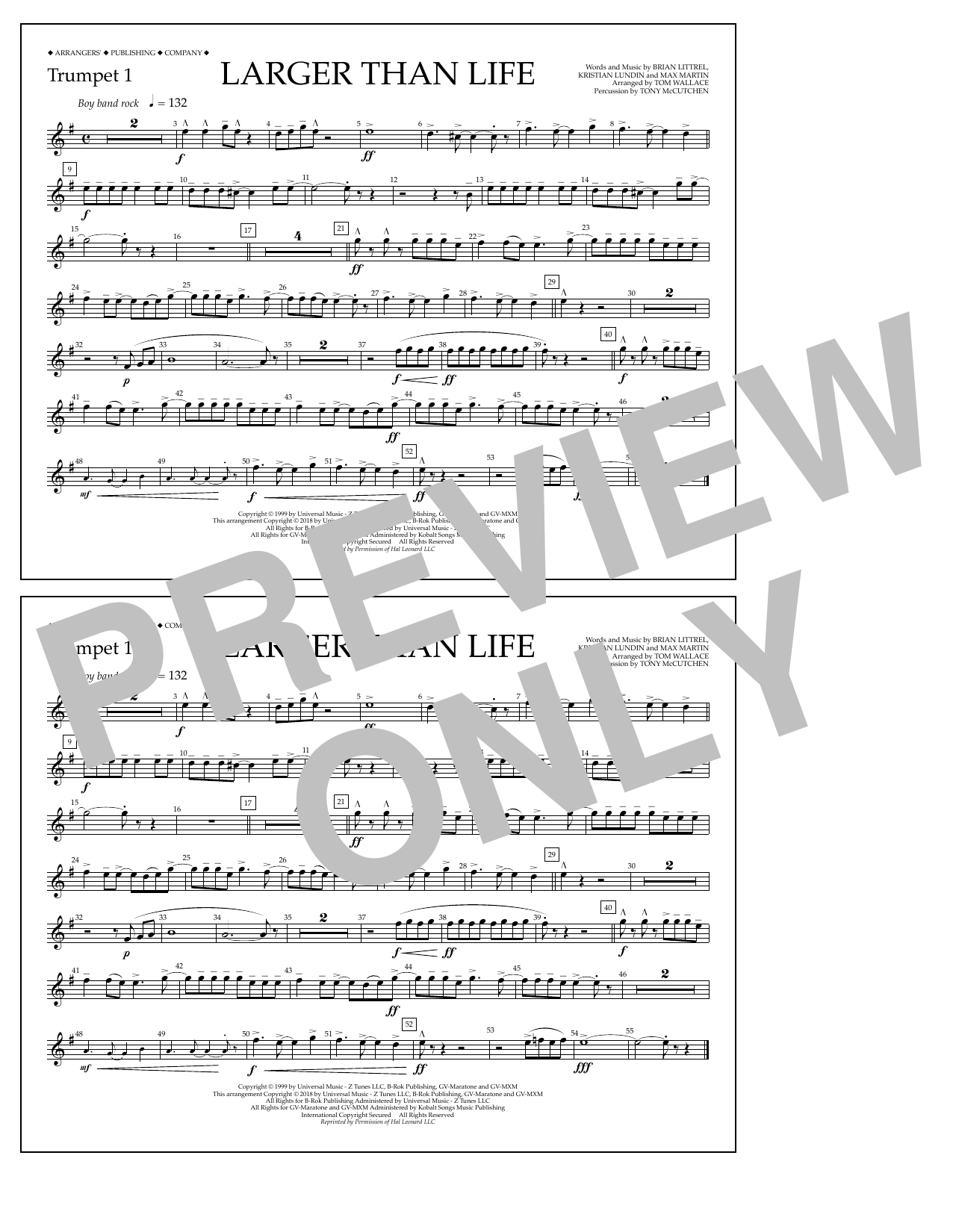 Tom Wallace Larger Than Life - Trumpet 1 sheet music notes and chords arranged for Marching Band