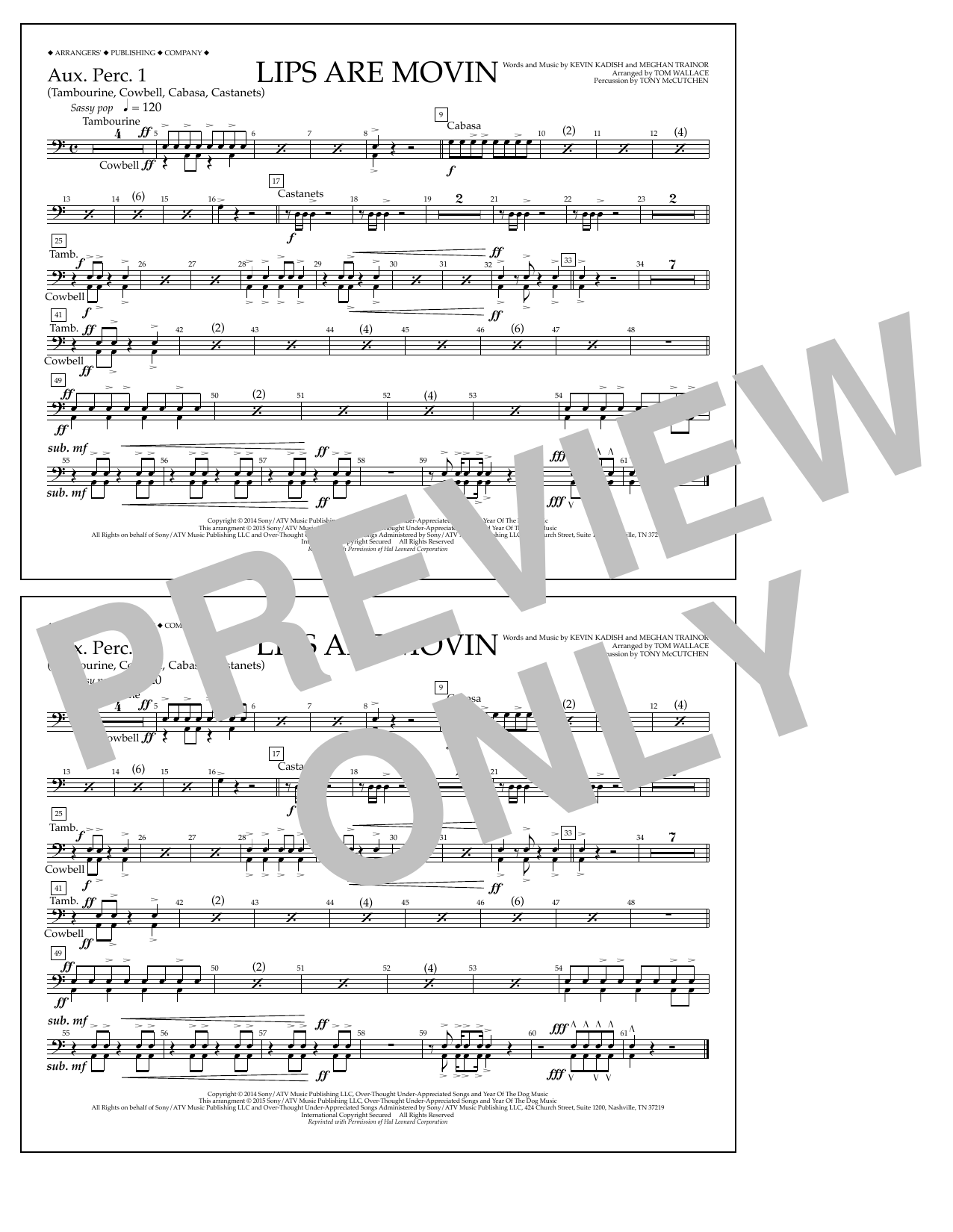 Tom Wallace Lips Are Movin - Aux. Perc. 1 sheet music notes and chords arranged for Marching Band