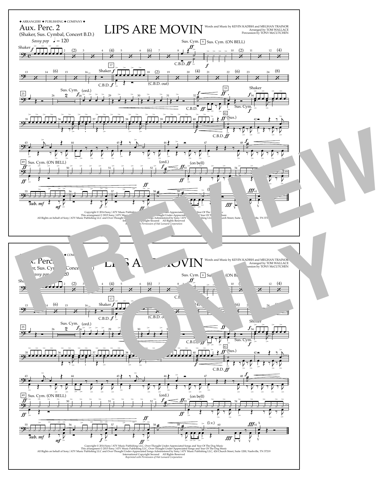 Tom Wallace Lips Are Movin - Aux. Perc. 2 sheet music notes and chords arranged for Marching Band