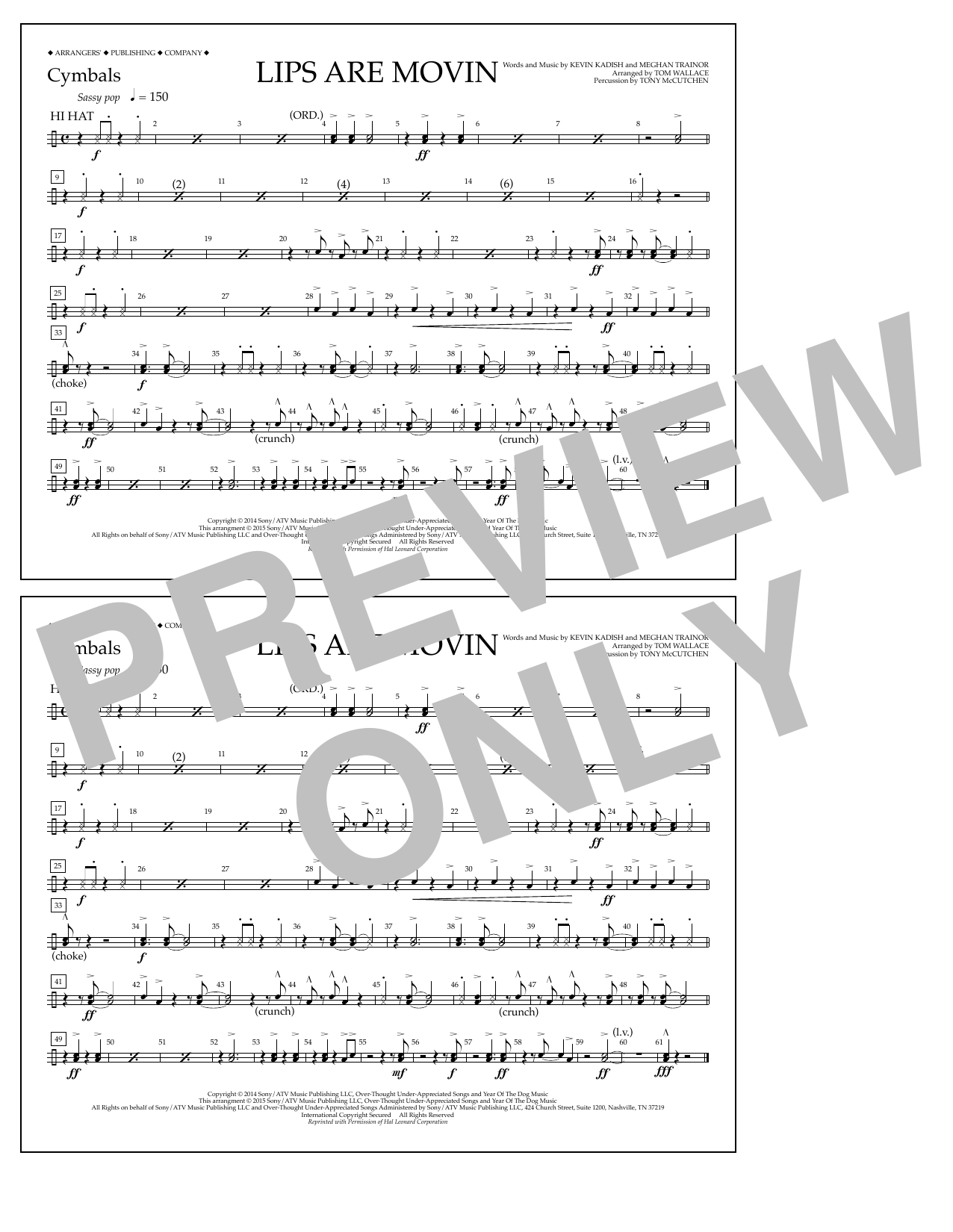 Tom Wallace Lips Are Movin - Cymbals sheet music notes and chords arranged for Marching Band