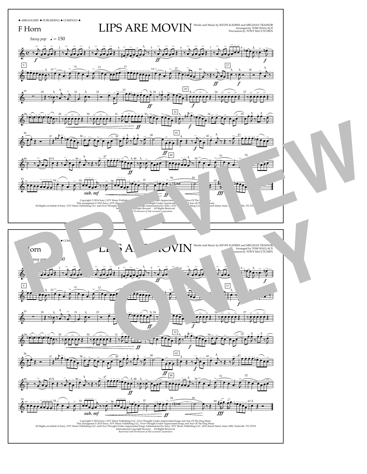 Tom Wallace Lips Are Movin - F Horn sheet music notes and chords arranged for Marching Band