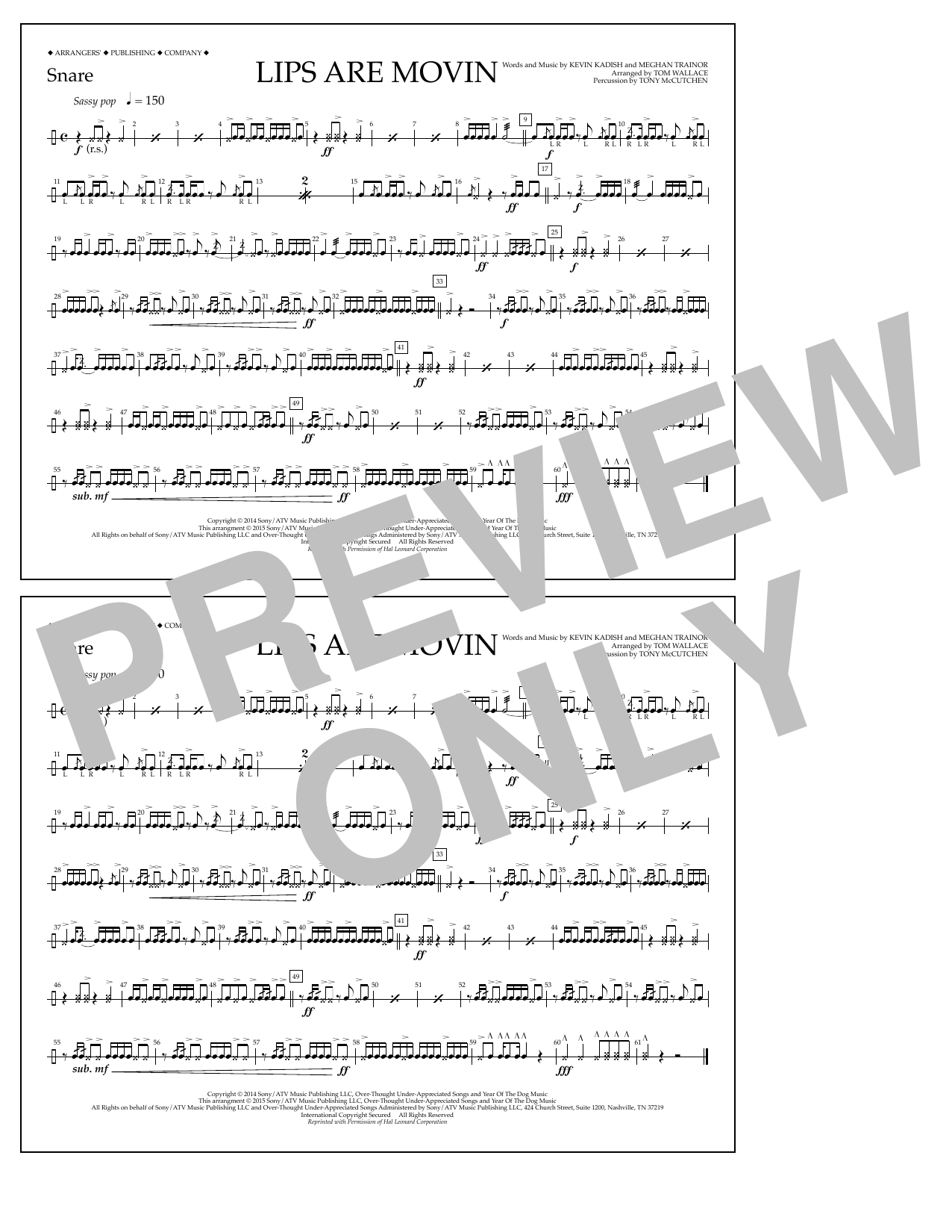 Tom Wallace Lips Are Movin - Snare sheet music notes and chords arranged for Marching Band