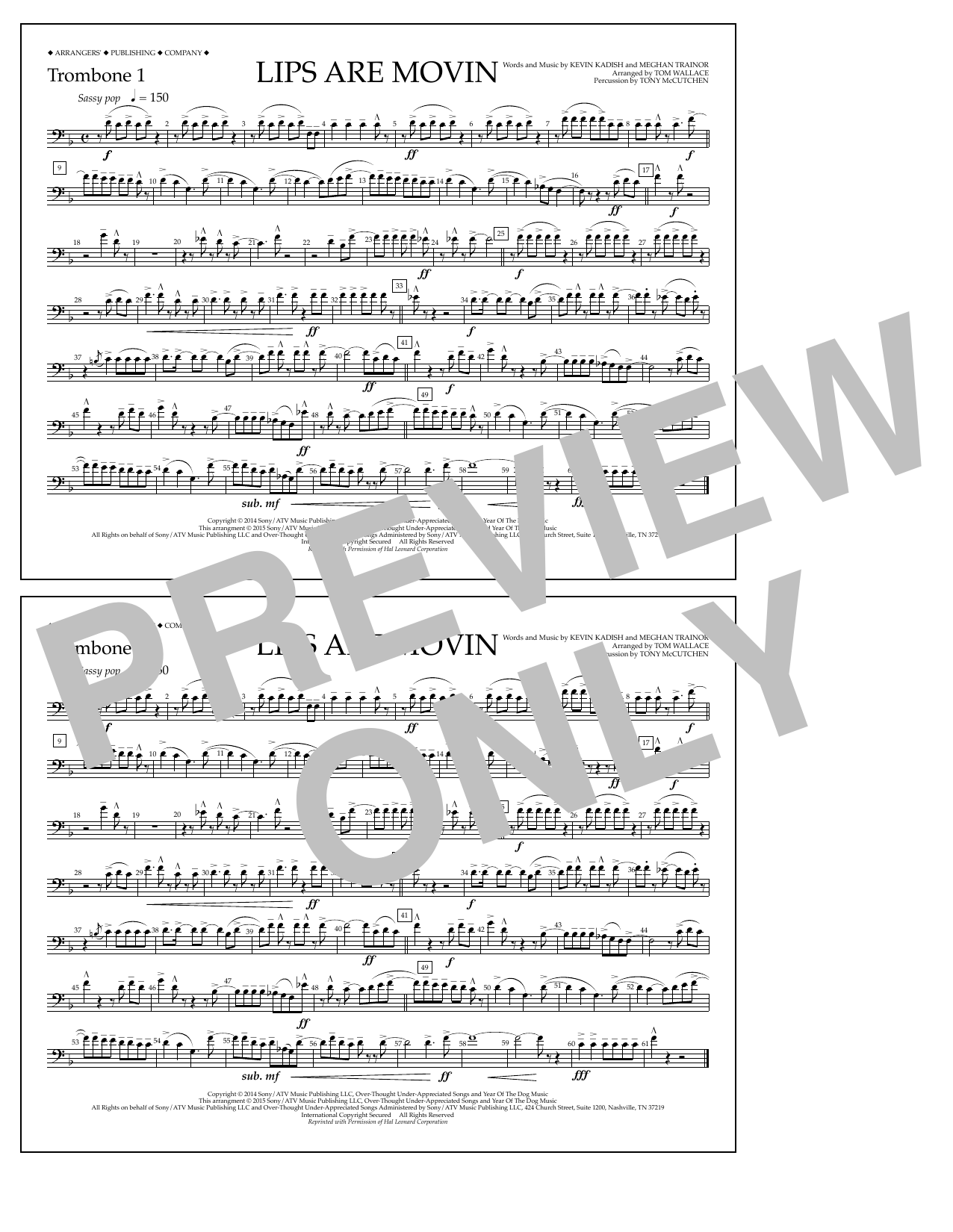 Tom Wallace Lips Are Movin - Trombone 1 sheet music notes and chords arranged for Marching Band