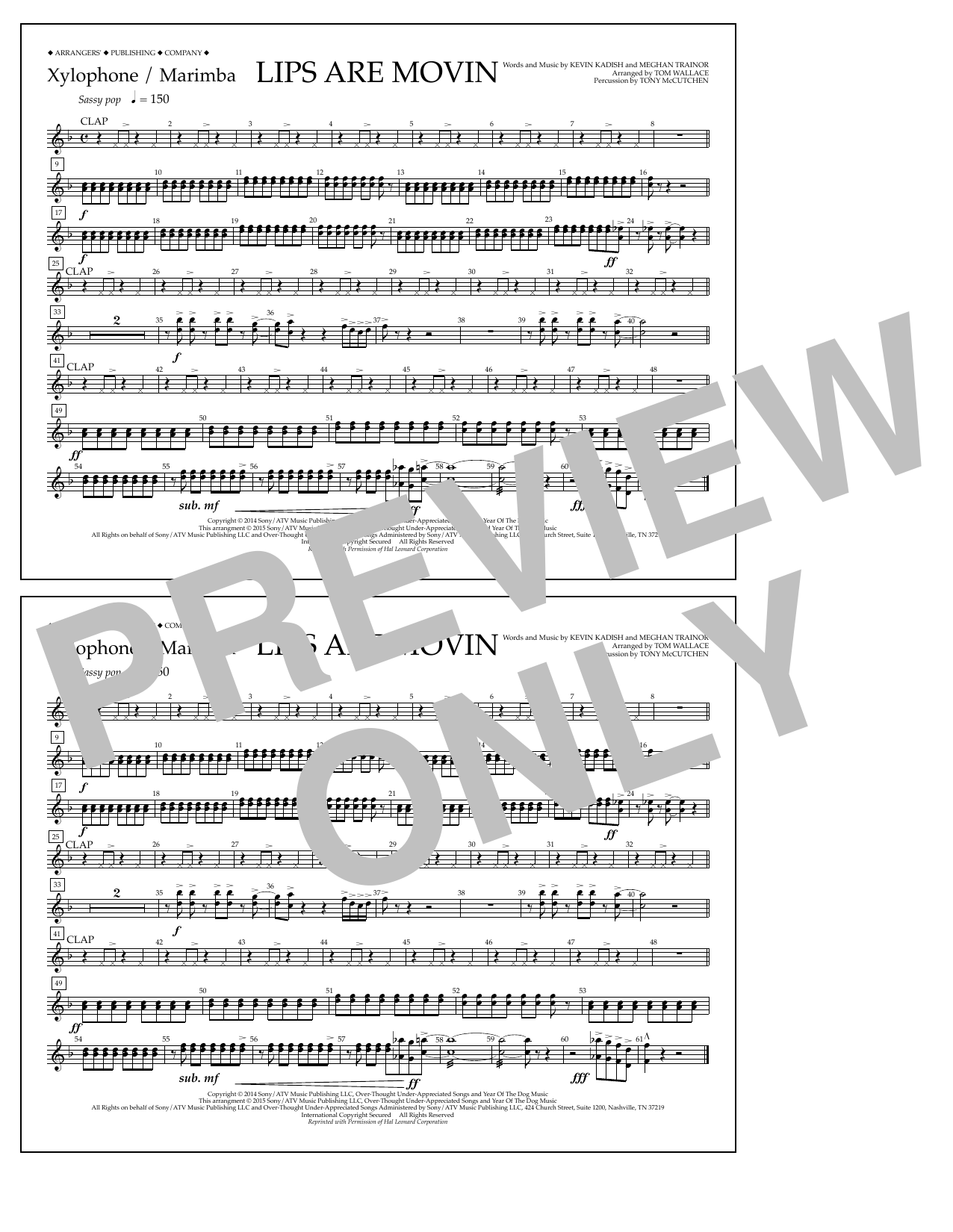 Tom Wallace Lips Are Movin - Xylophone/Marimba sheet music notes and chords arranged for Marching Band