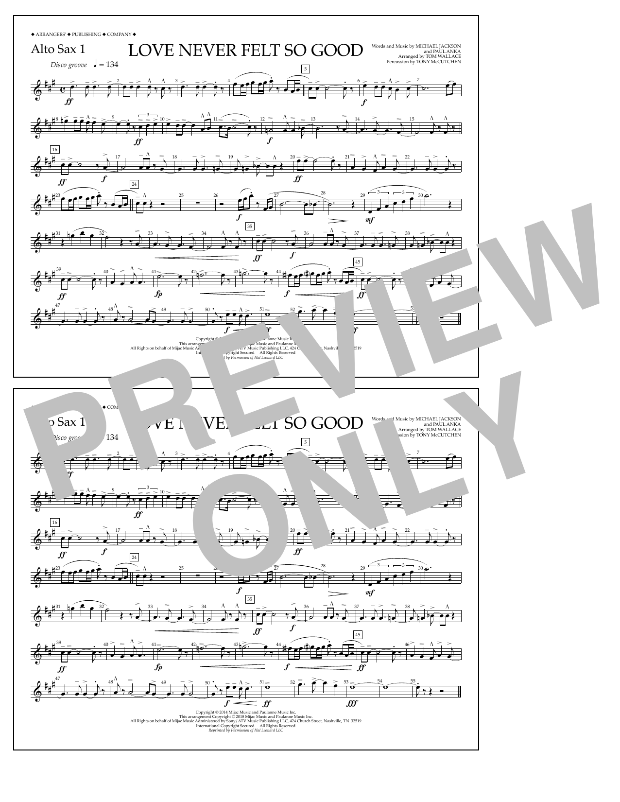 Tom Wallace Love Never Felt So Good - Alto Sax 1 sheet music notes and chords arranged for Marching Band