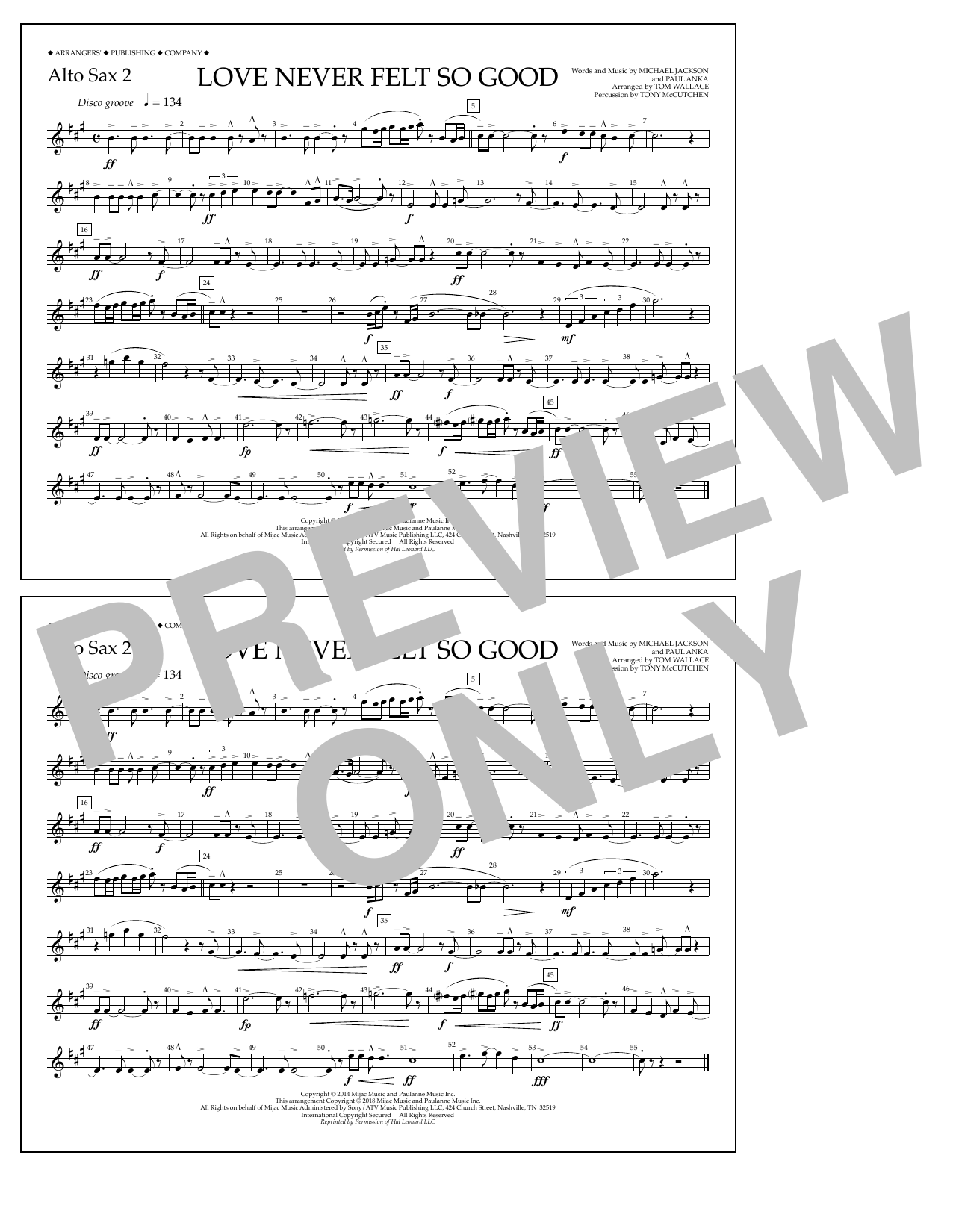 Tom Wallace Love Never Felt So Good - Alto Sax 2 sheet music notes and chords arranged for Marching Band