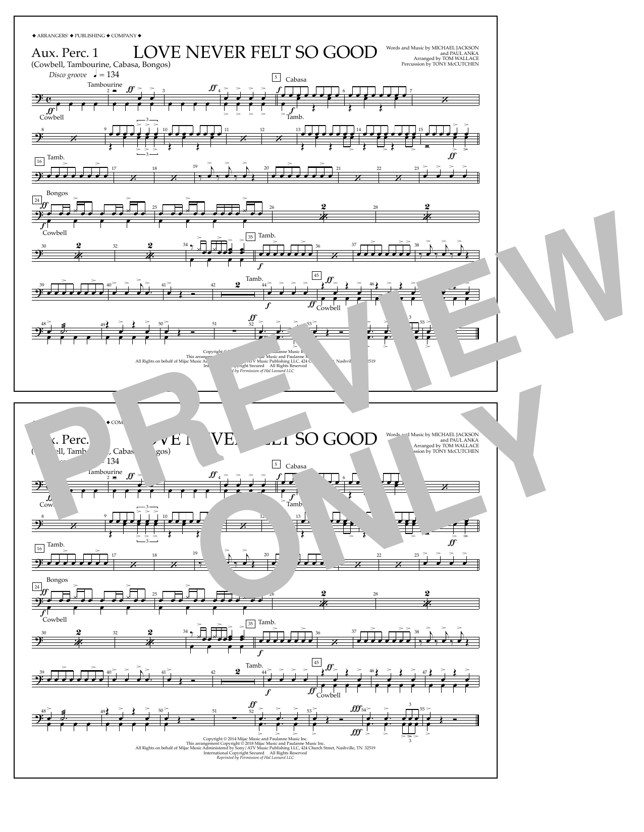 Tom Wallace Love Never Felt So Good - Aux. Perc. 1 sheet music notes and chords arranged for Marching Band