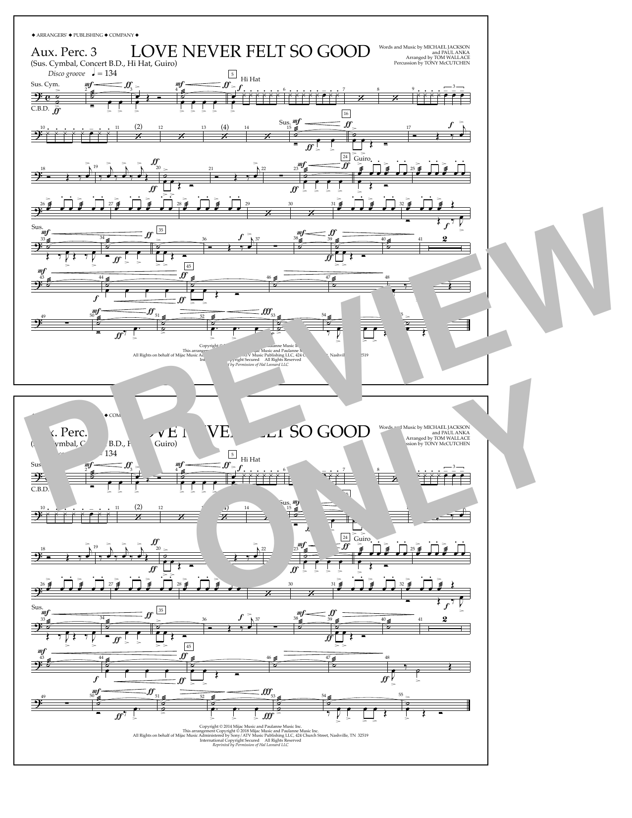 Tom Wallace Love Never Felt So Good - Aux. Perc. 3 sheet music notes and chords arranged for Marching Band