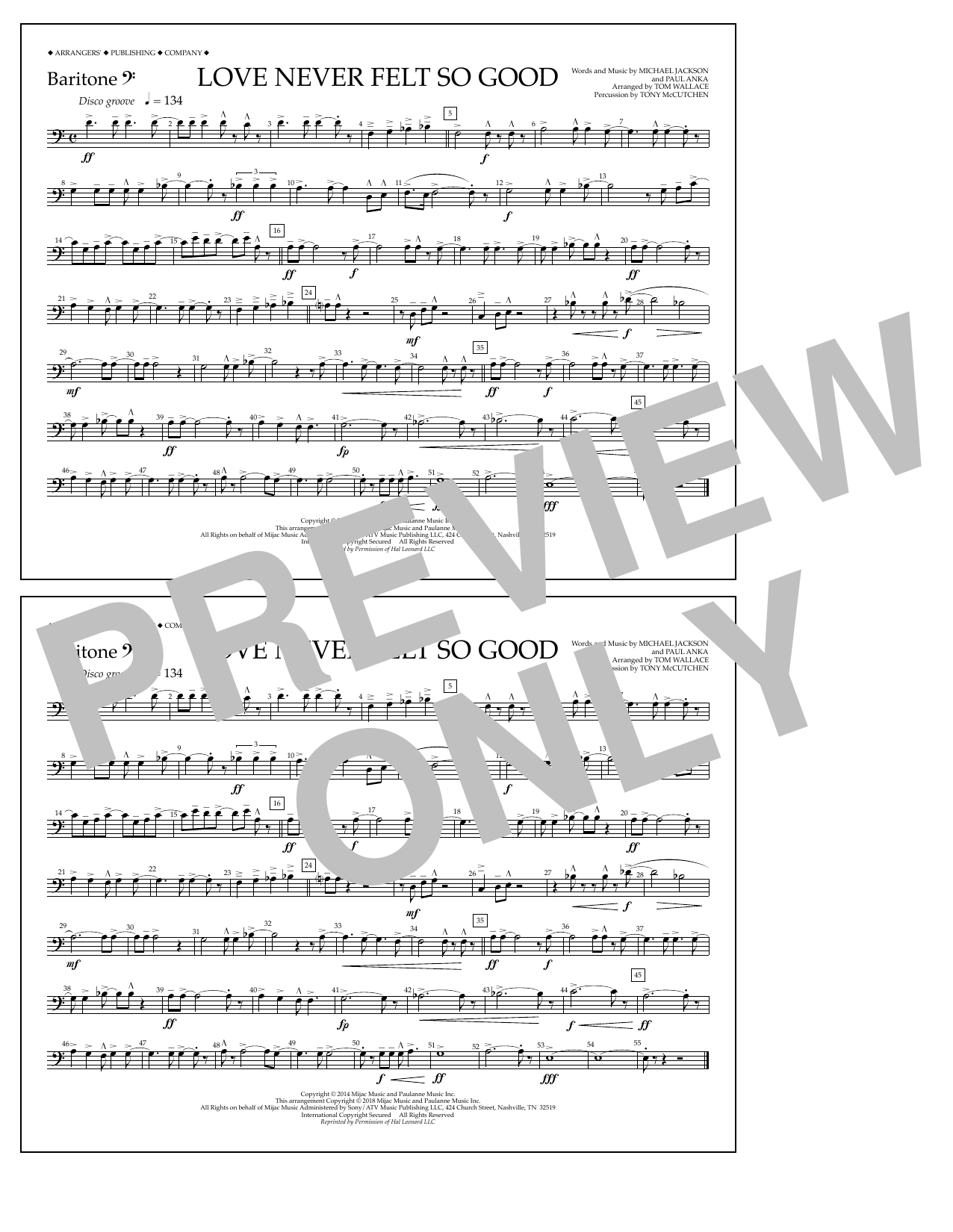 Tom Wallace Love Never Felt So Good - Baritone B.C. sheet music notes and chords arranged for Marching Band