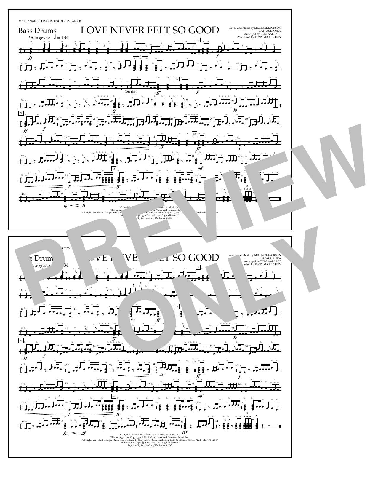 Tom Wallace Love Never Felt So Good - Bass Drums sheet music notes and chords arranged for Marching Band