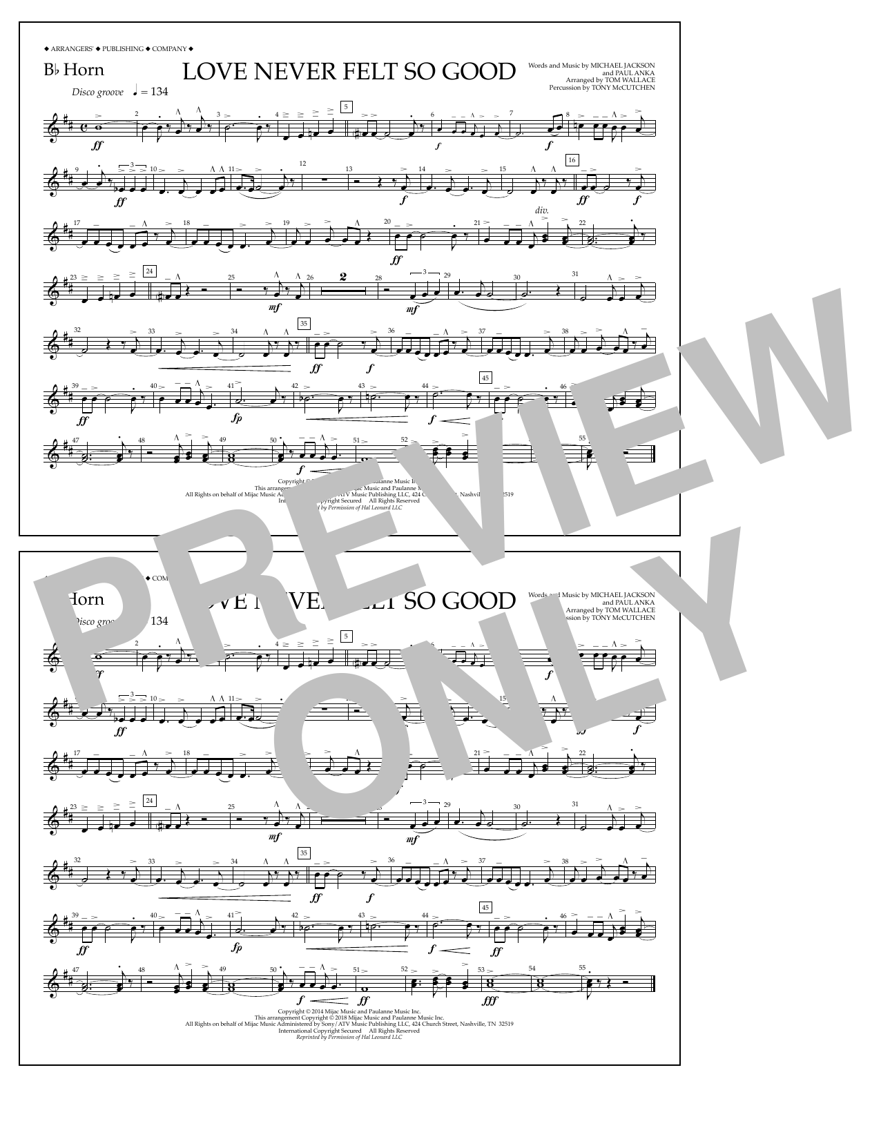Tom Wallace Love Never Felt So Good - Bb Horn sheet music notes and chords arranged for Marching Band