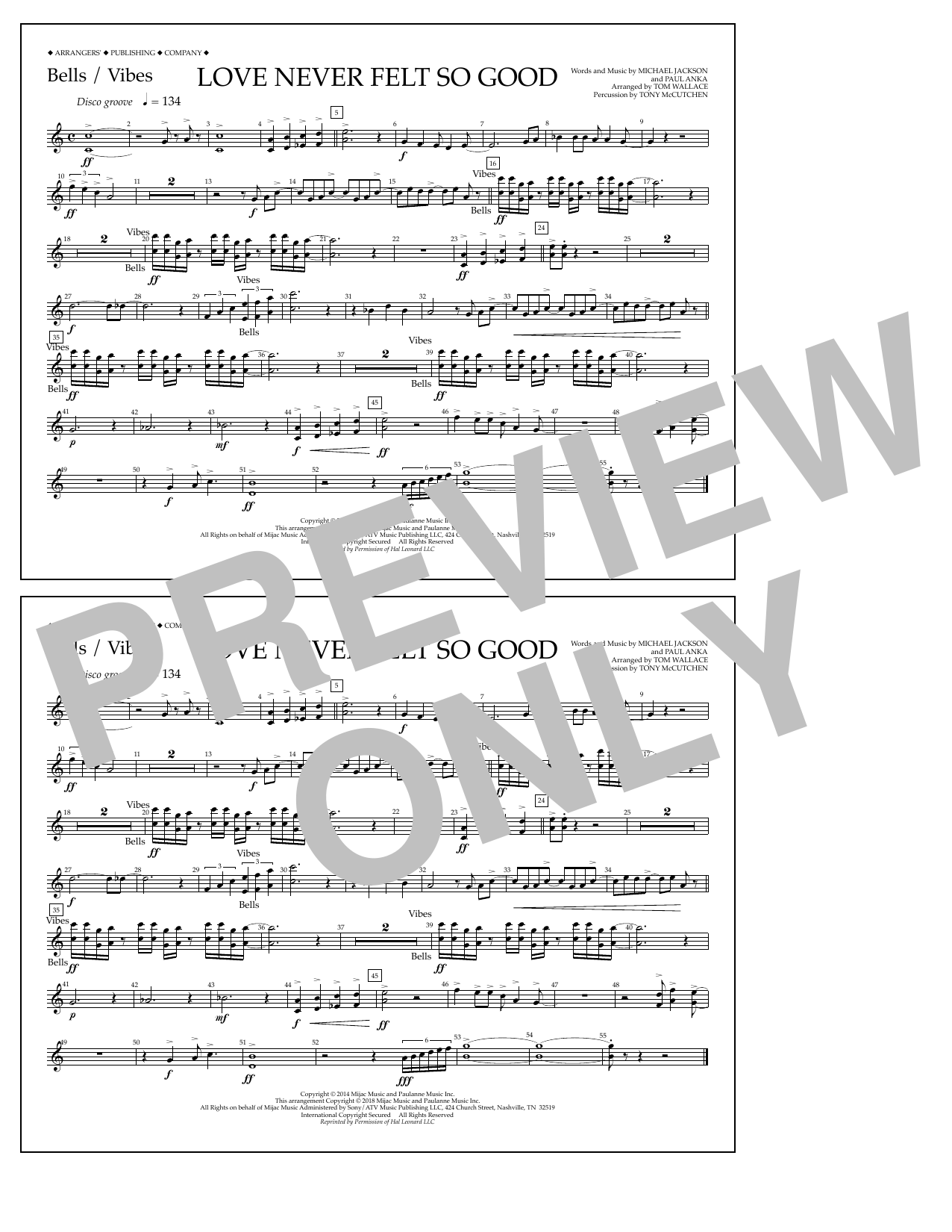 Tom Wallace Love Never Felt So Good - Bells/Vibes sheet music notes and chords arranged for Marching Band