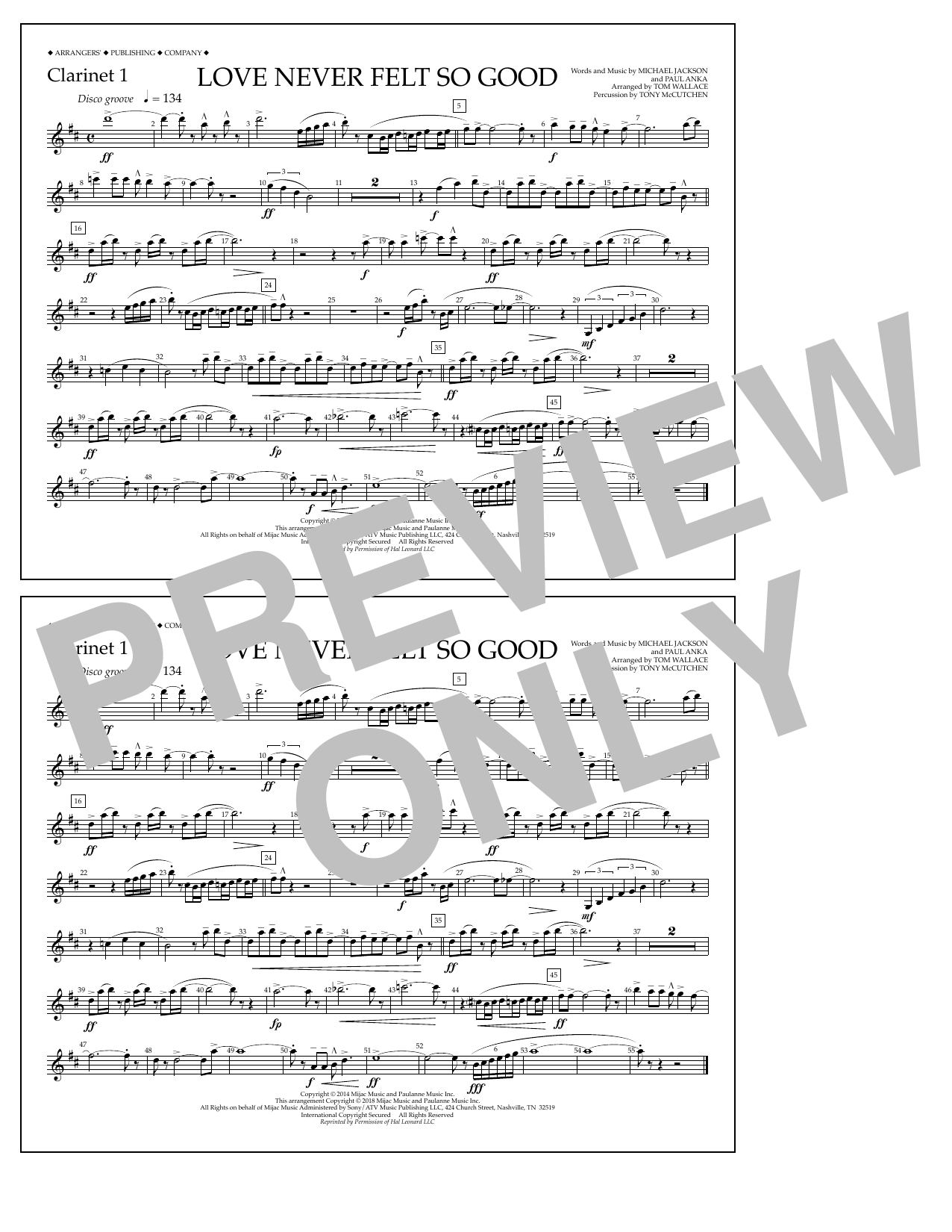 Tom Wallace Love Never Felt So Good - Clarinet 1 sheet music notes and chords arranged for Marching Band