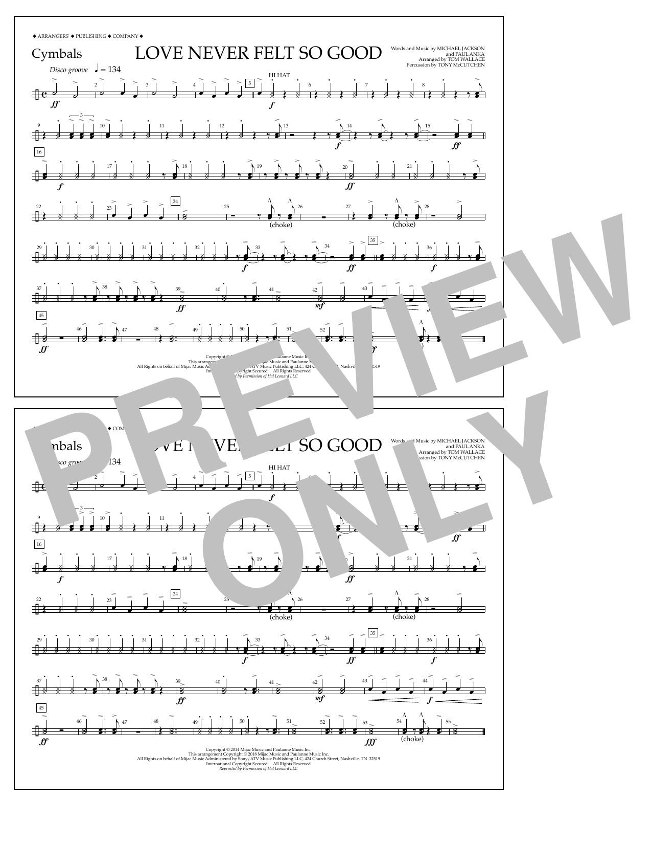 Tom Wallace Love Never Felt So Good - Cymbals sheet music notes and chords arranged for Marching Band