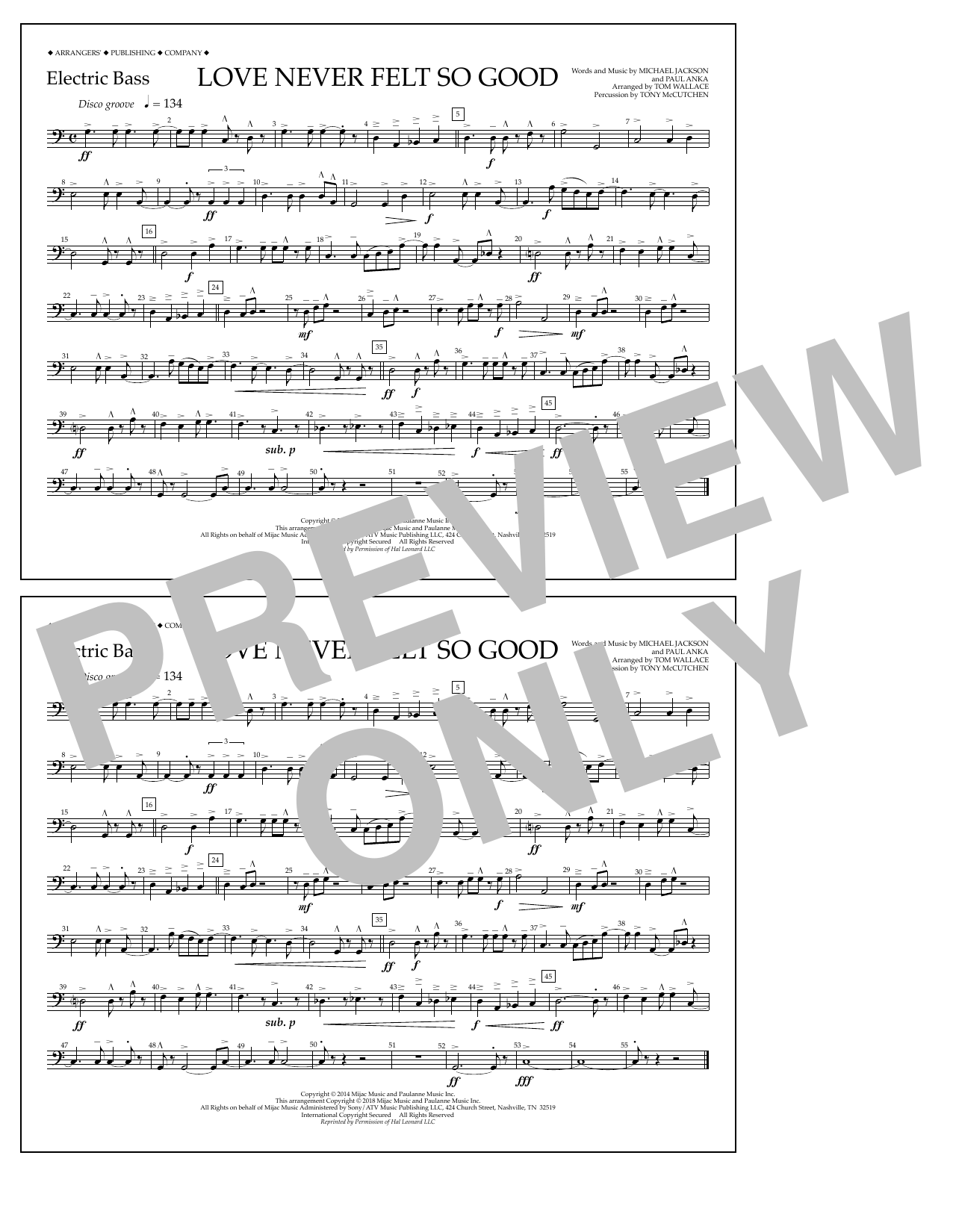Tom Wallace Love Never Felt So Good - Electric Bass sheet music notes and chords arranged for Marching Band